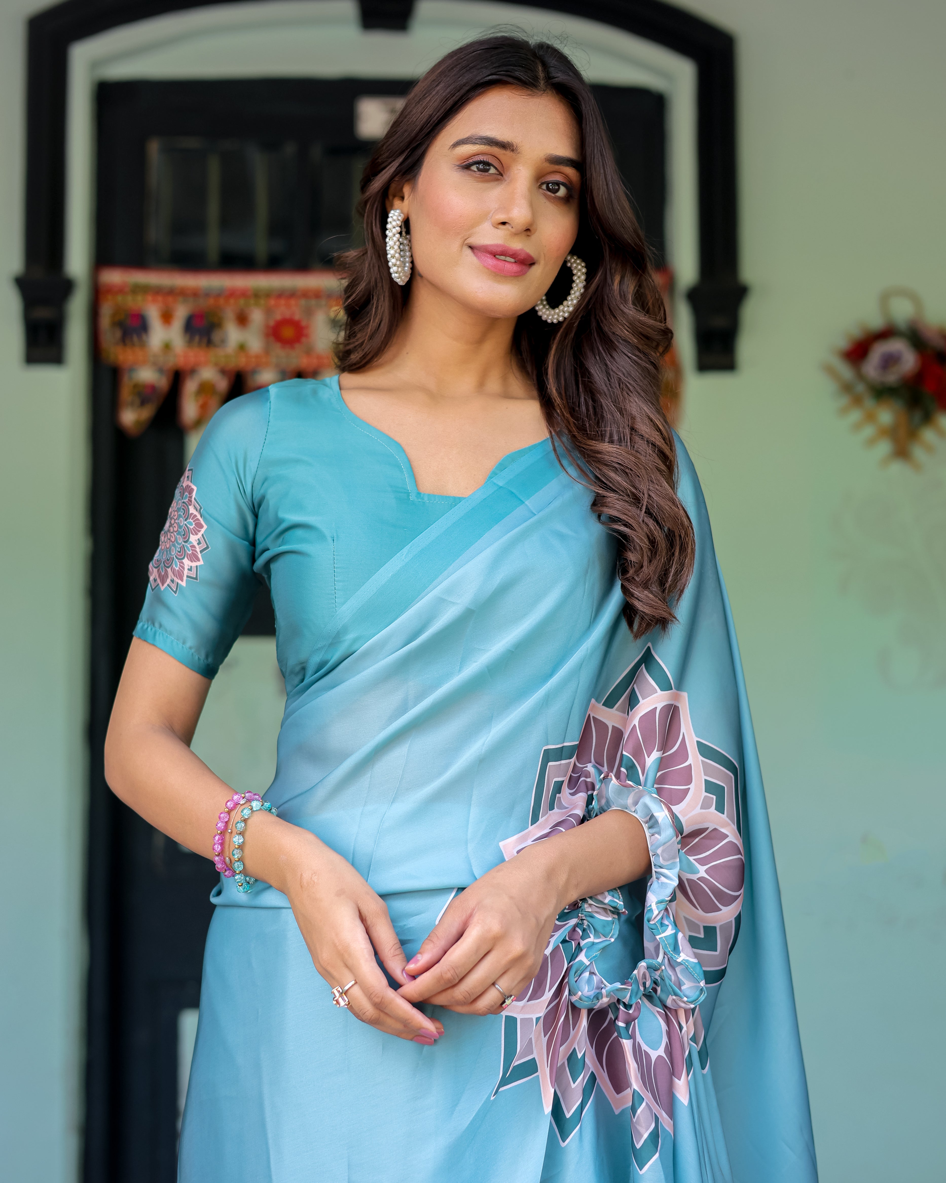 Teal Blue Designer Freehand Saree with Lotus Mandala Pallu & Matching Blouse | Satin Georgette | Handsfree Pallu Feature
