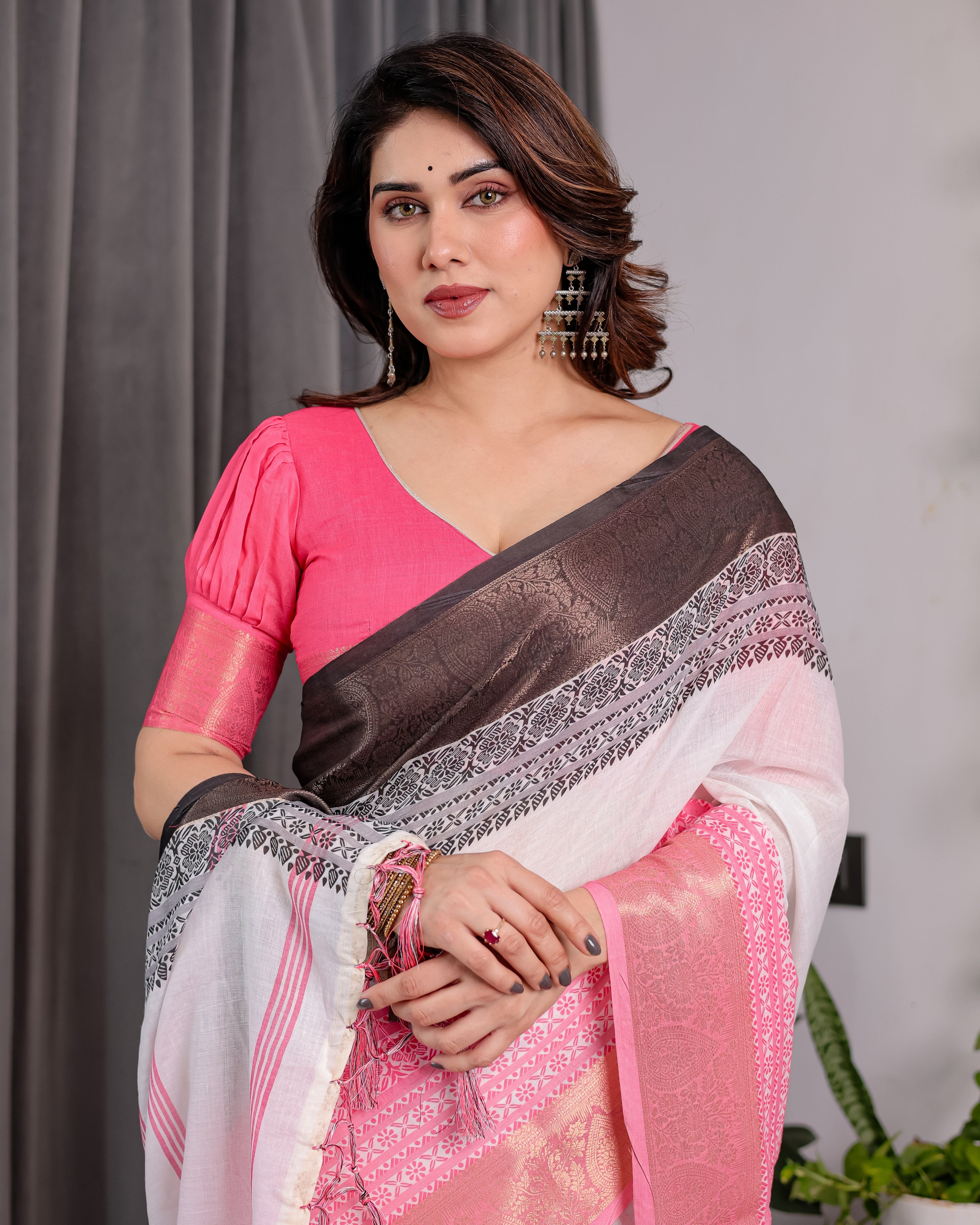 White & Charcoal Handloom Linen Saree with Pink Striped Pallu & Zari Woven Borders | 5.5m Saree + 0.8m Blouse | Elegant Tassel Finish
