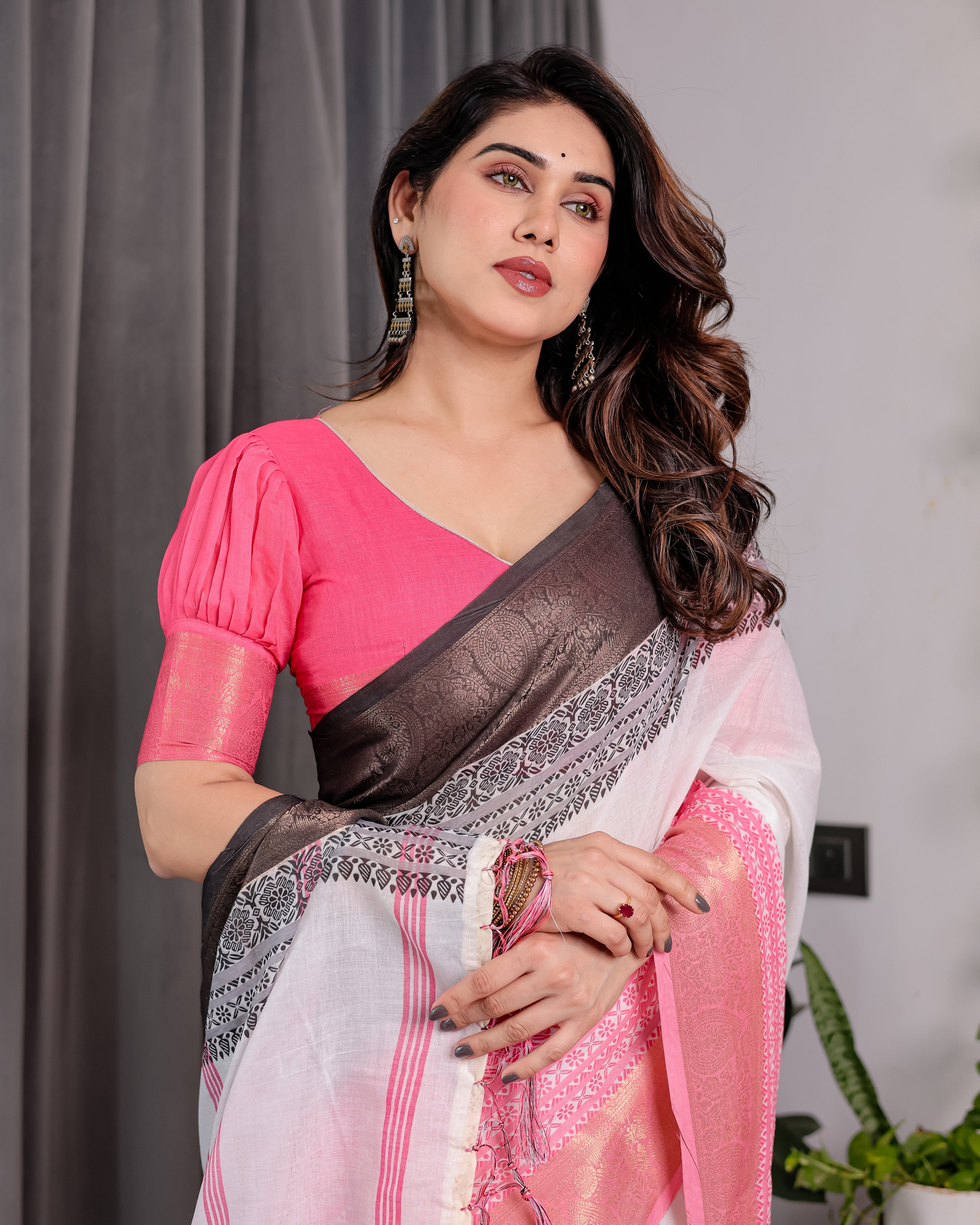 White & Charcoal Handloom Linen Saree with Pink Striped Pallu & Zari Woven Borders | 5.5m Saree + 0.8m Blouse | Elegant Tassel Finish