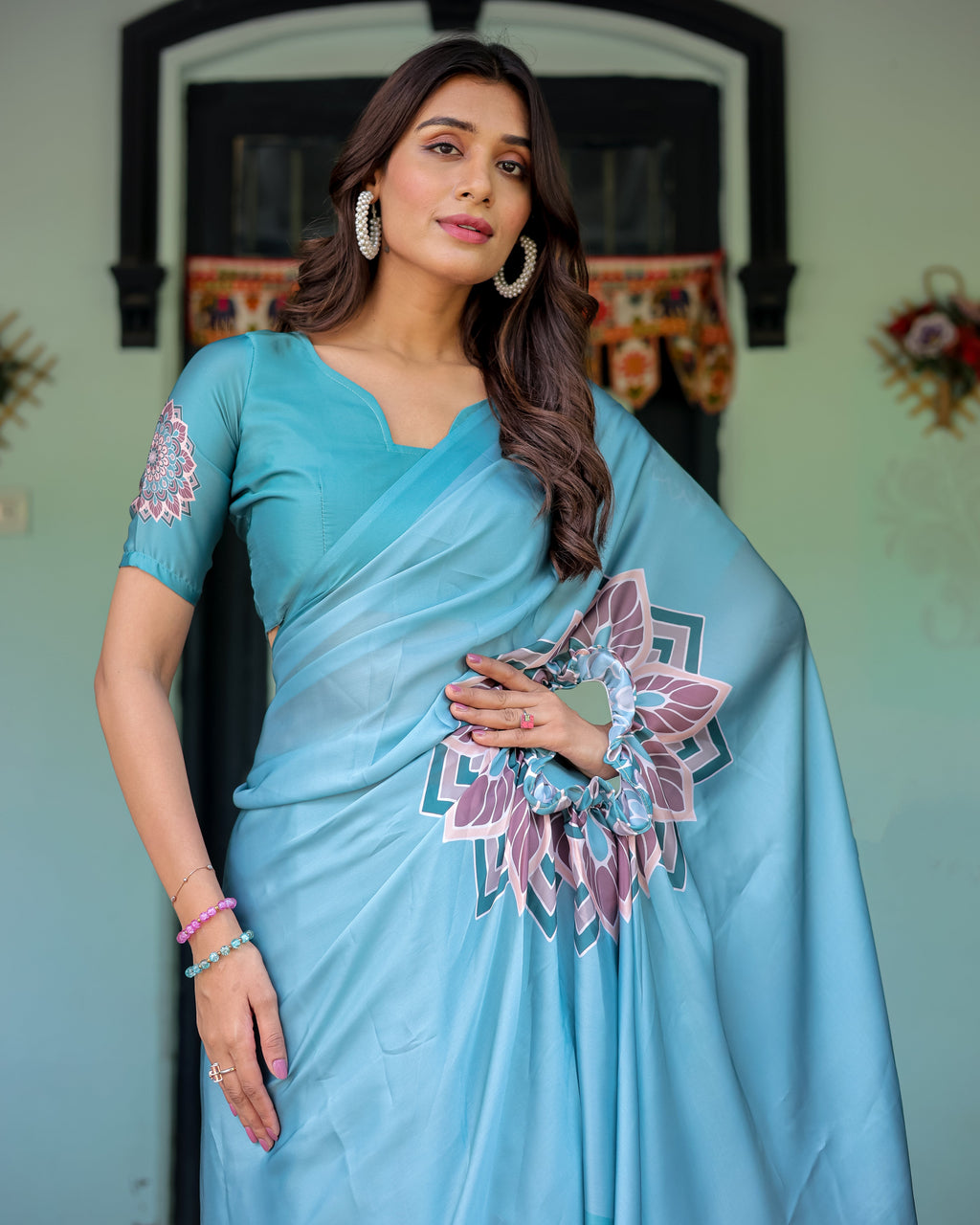 Teal Blue Designer Freehand Saree with Lotus Mandala Pallu & Matching Blouse | Satin Georgette | Handsfree Pallu Feature