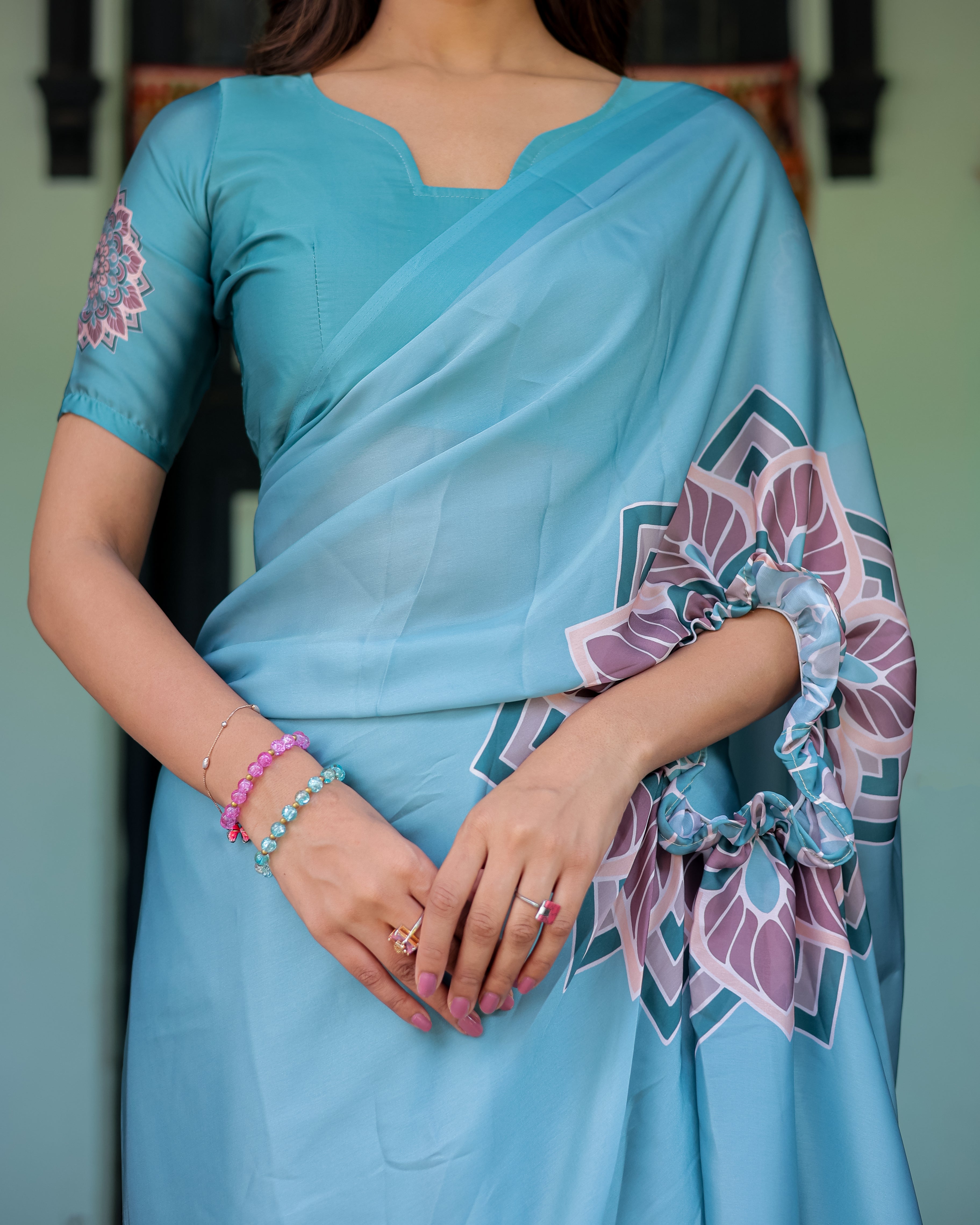 Teal Blue Designer Freehand Saree with Lotus Mandala Pallu & Matching Blouse | Satin Georgette | Handsfree Pallu Feature