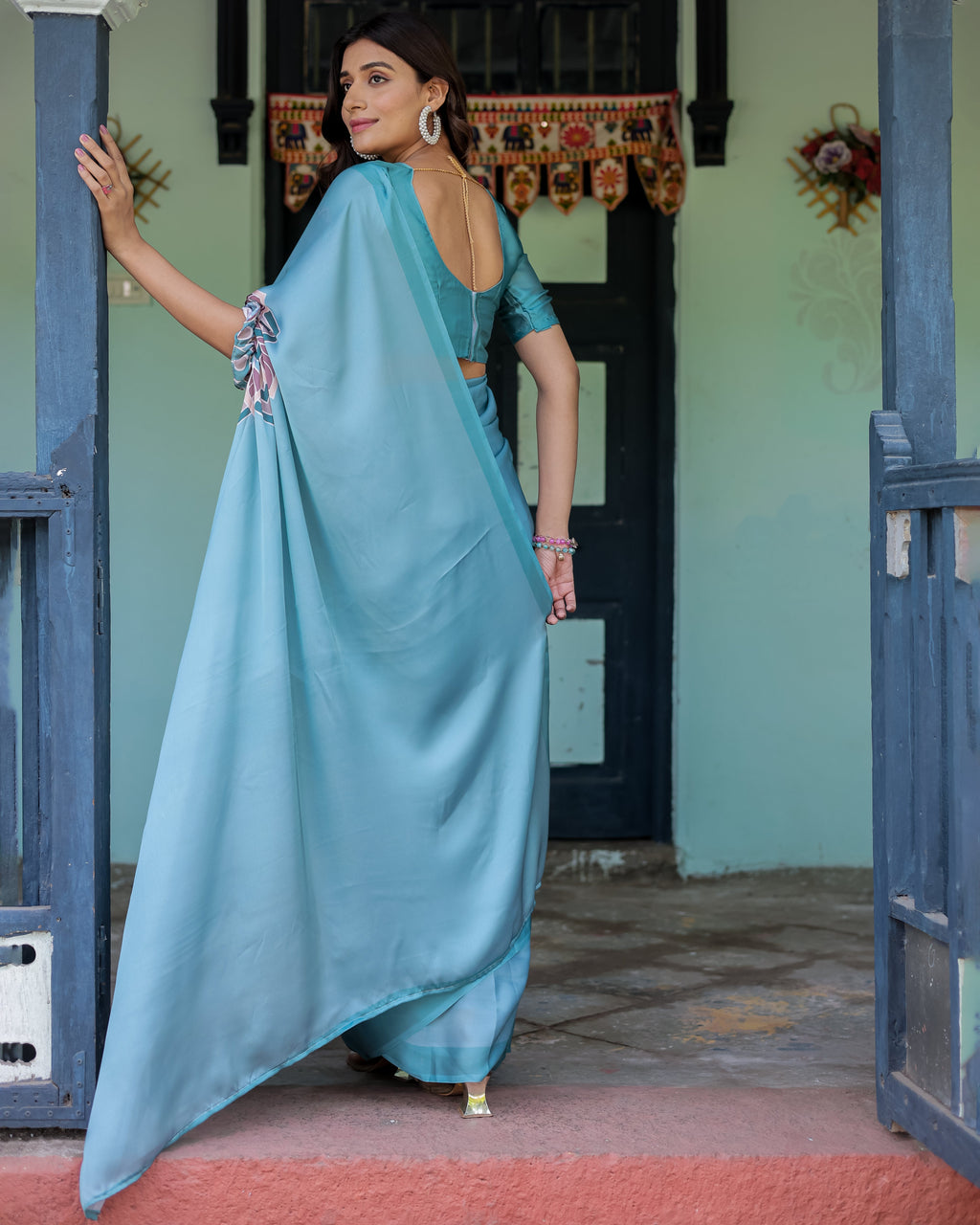Teal Blue Designer Freehand Saree with Lotus Mandala Pallu & Matching Blouse | Satin Georgette | Handsfree Pallu Feature