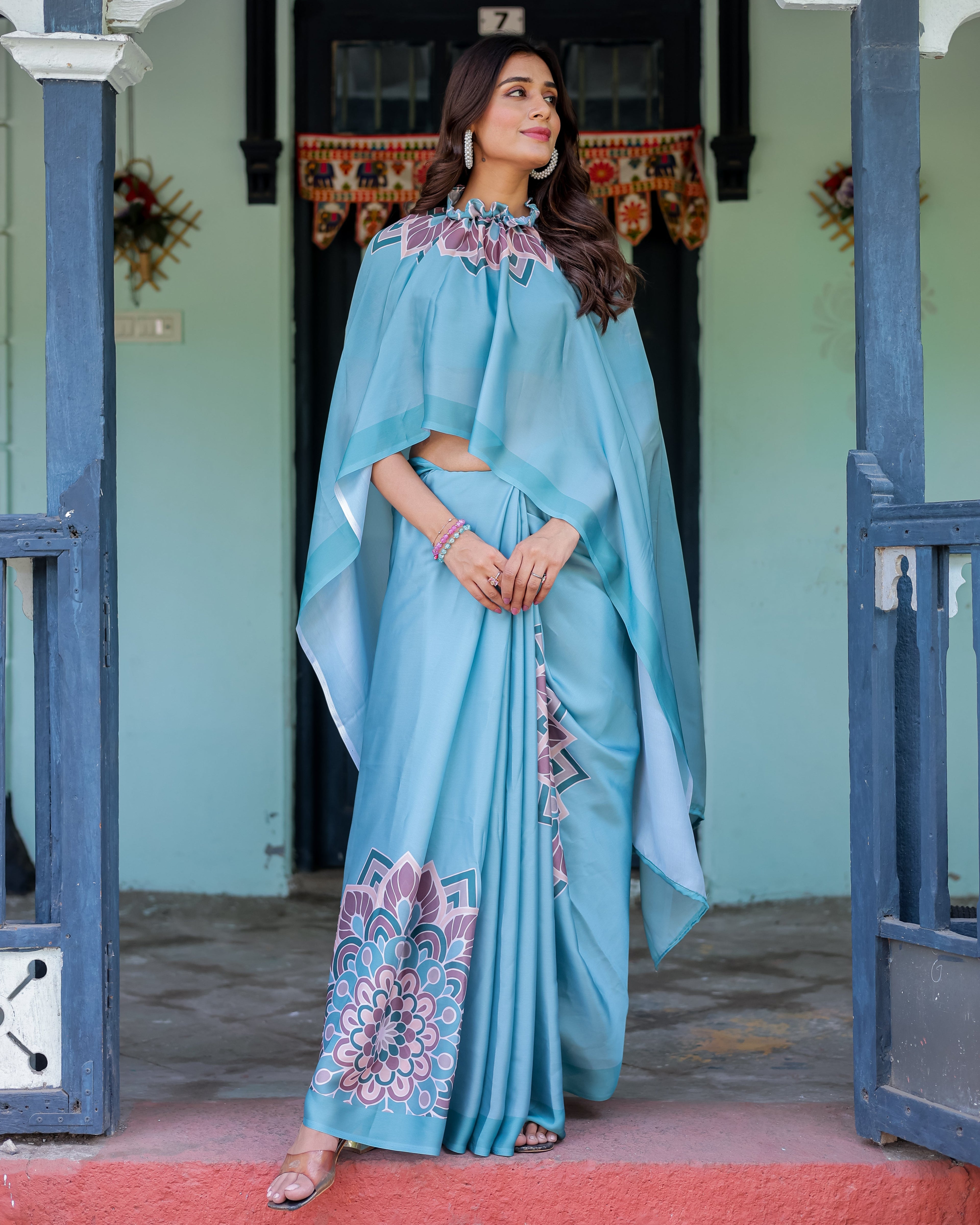 Teal Blue Designer Freehand Saree with Lotus Mandala Pallu & Matching Blouse | Satin Georgette | Handsfree Pallu Feature