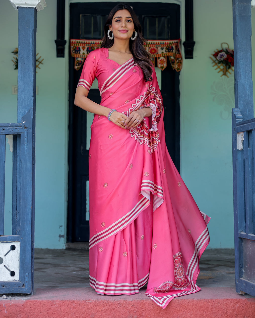Bright Pink Designer Saree with White Striped Border & Mandala Art | Satin Georgette | Handsfree Pallu | Matching Blouse