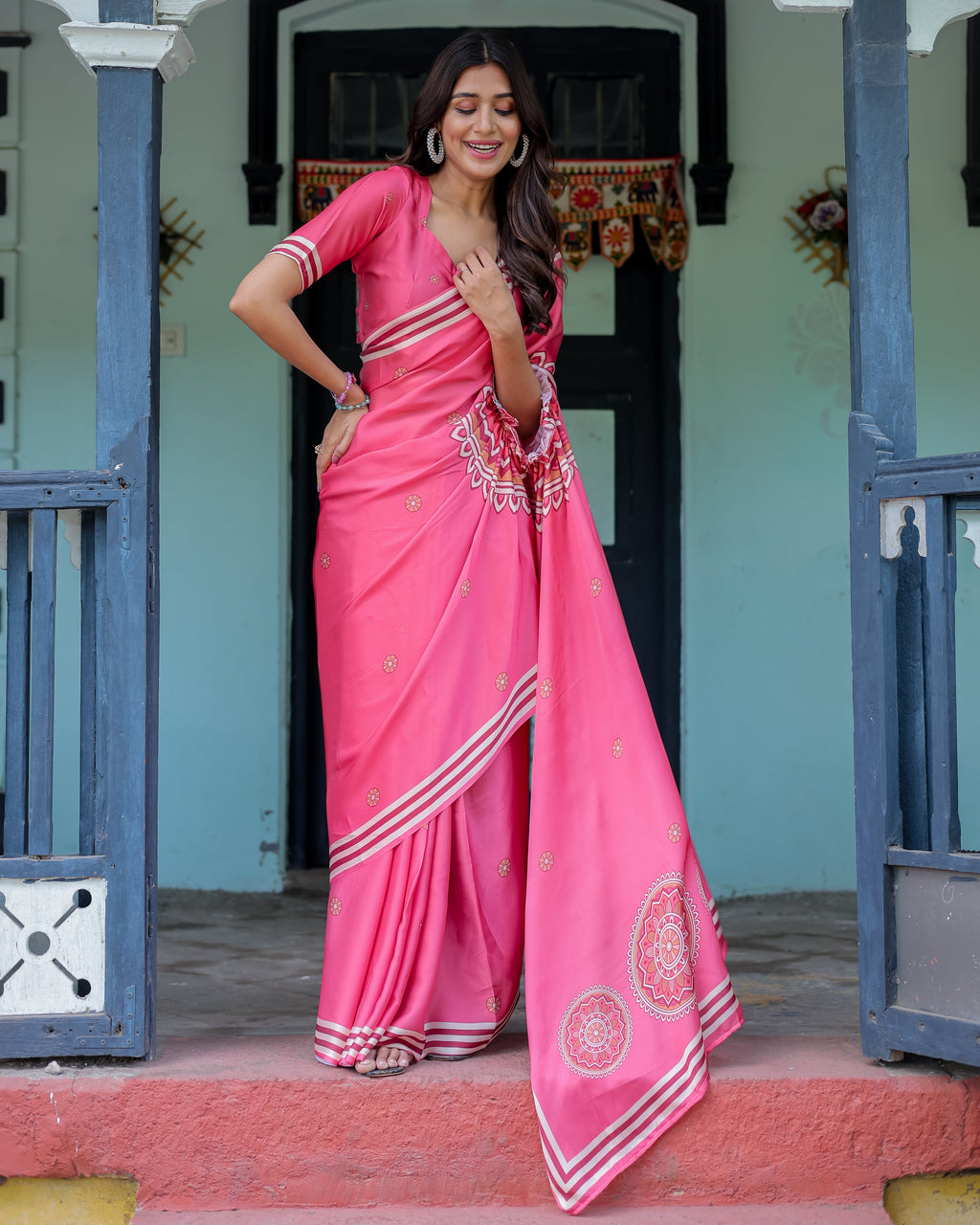 Bright Pink Designer Saree with White Striped Border & Mandala Art | Satin Georgette | Handsfree Pallu | Matching Blouse