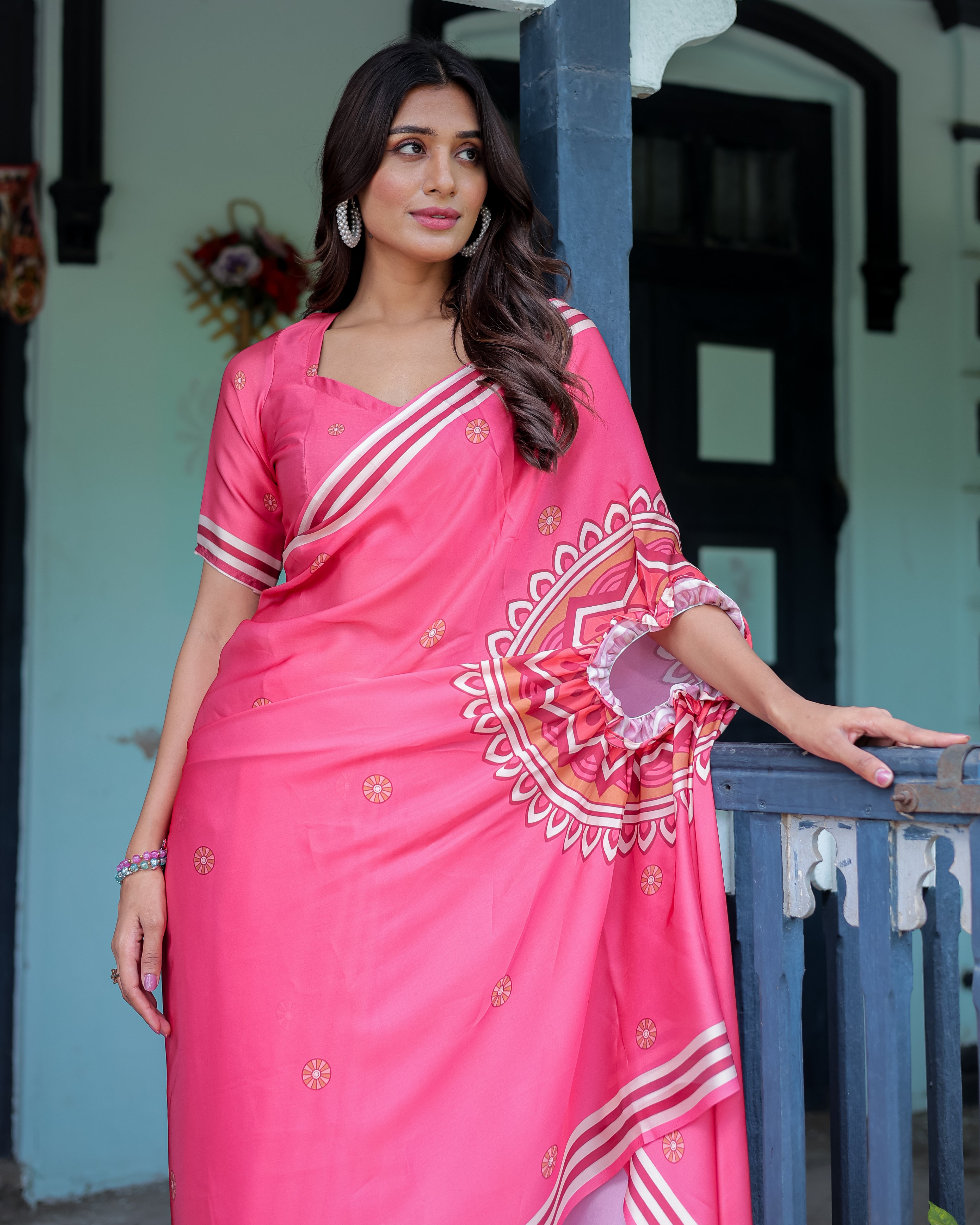 Bright Pink Designer Saree with White Striped Border & Mandala Art | Satin Georgette | Handsfree Pallu | Matching Blouse