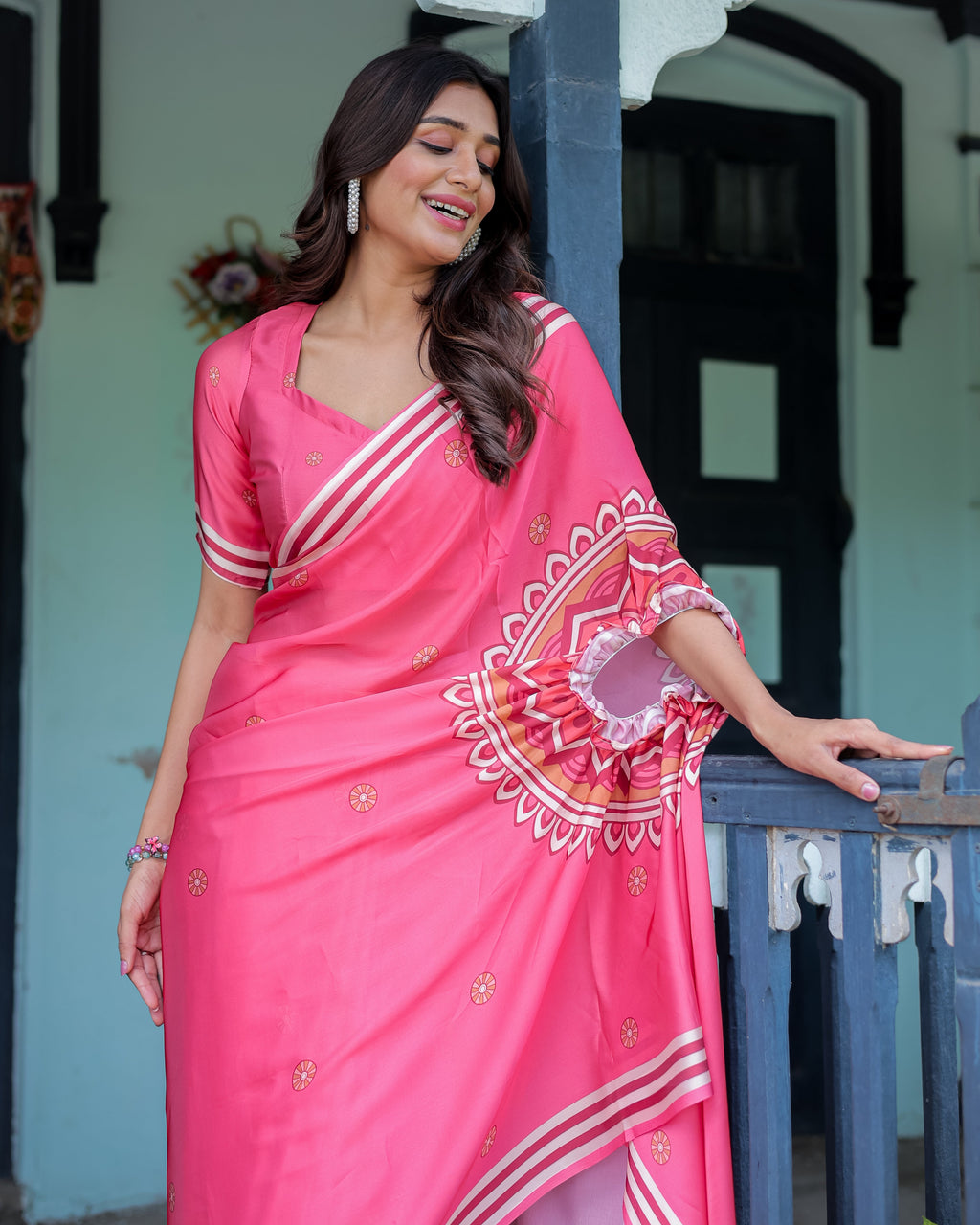 Bright Pink Designer Saree with White Striped Border & Mandala Art | Satin Georgette | Handsfree Pallu | Matching Blouse