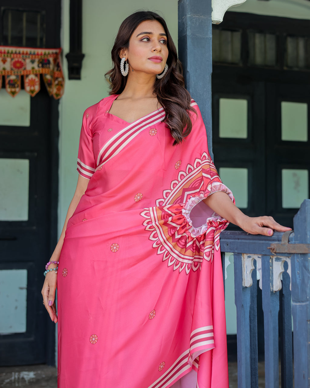 Bright Pink Designer Saree with White Striped Border & Mandala Art | Satin Georgette | Handsfree Pallu | Matching Blouse
