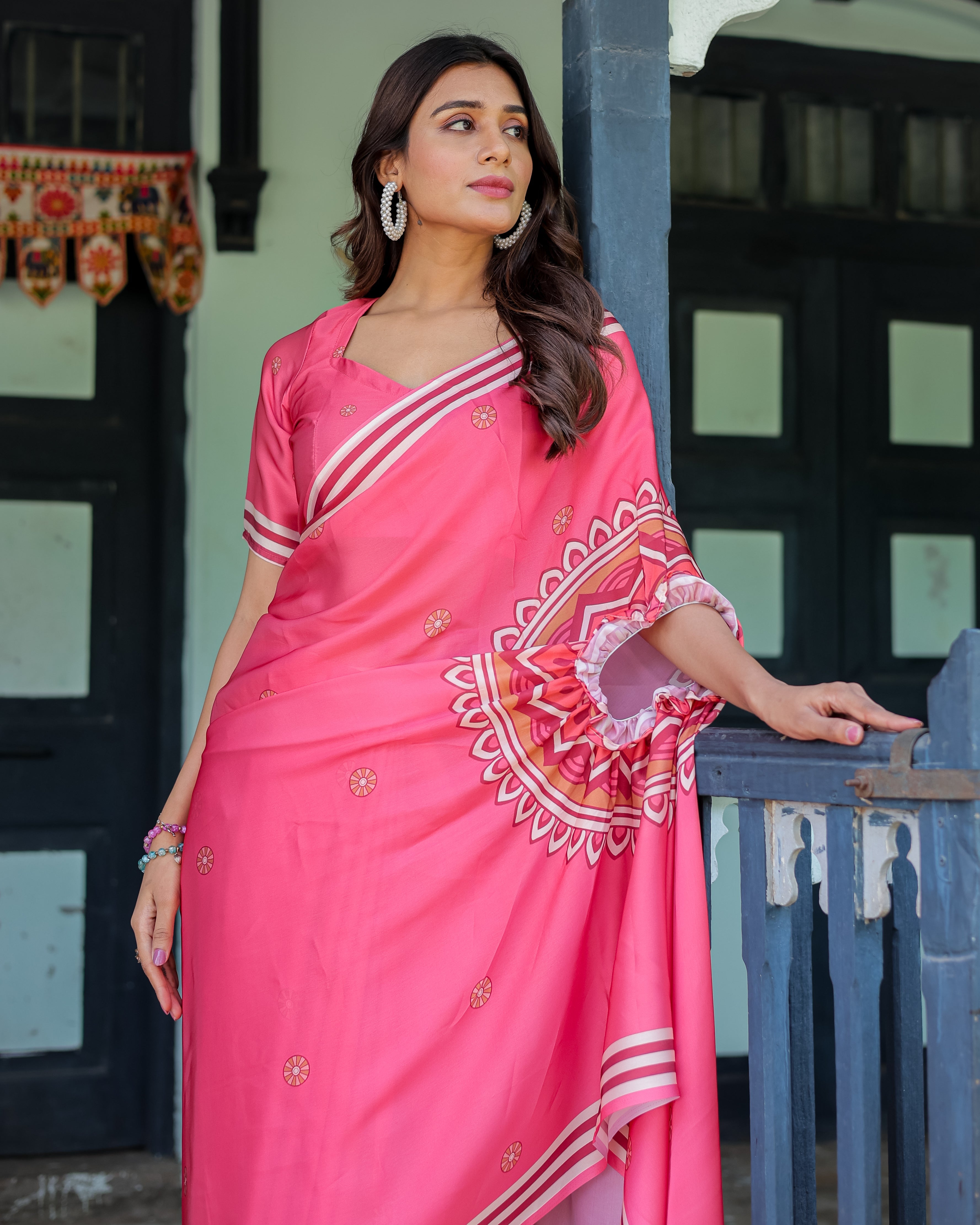Bright Pink Designer Saree with White Striped Border & Mandala Art | Satin Georgette | Handsfree Pallu | Matching Blouse