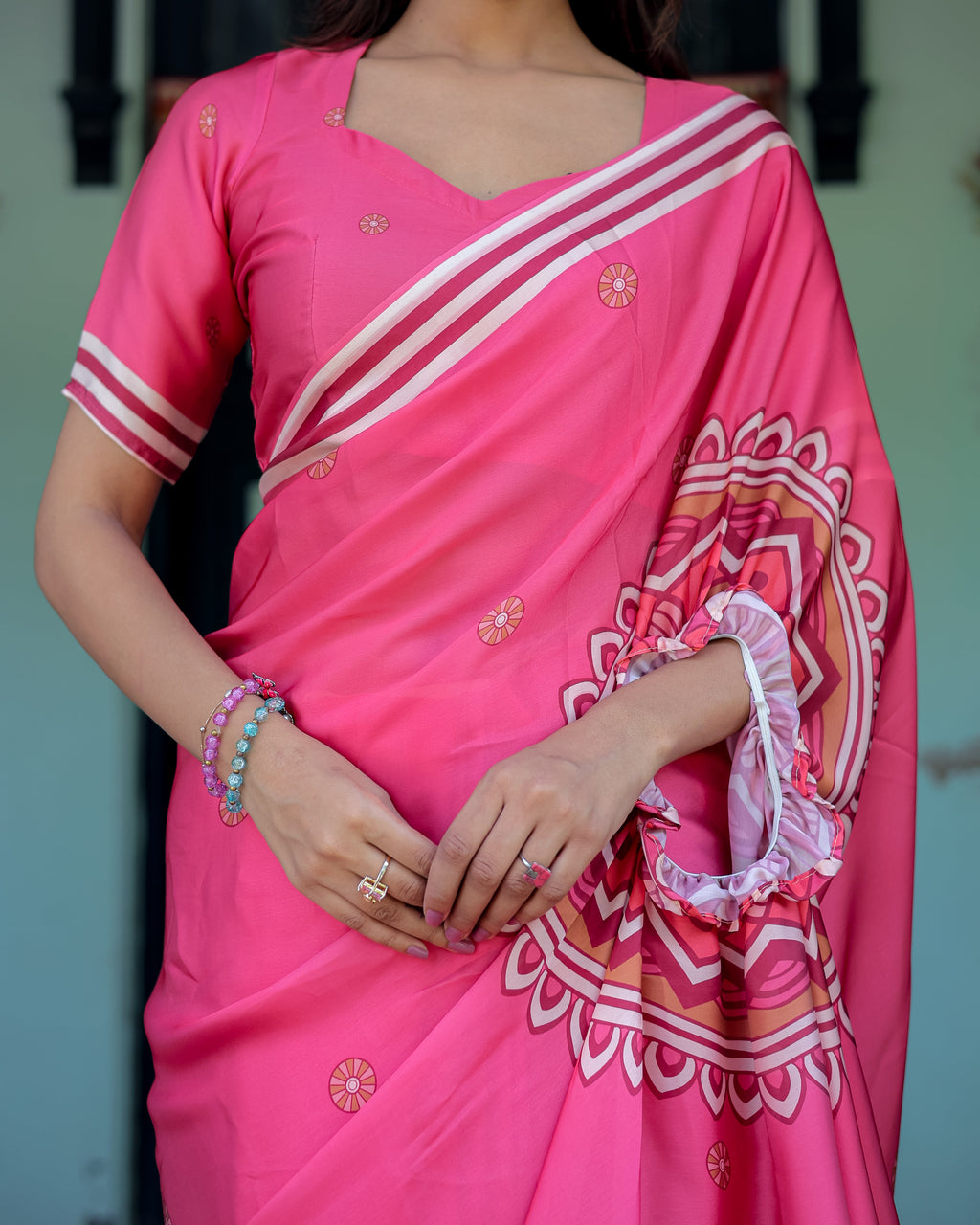 Bright Pink Designer Saree with White Striped Border & Mandala Art | Satin Georgette | Handsfree Pallu | Matching Blouse