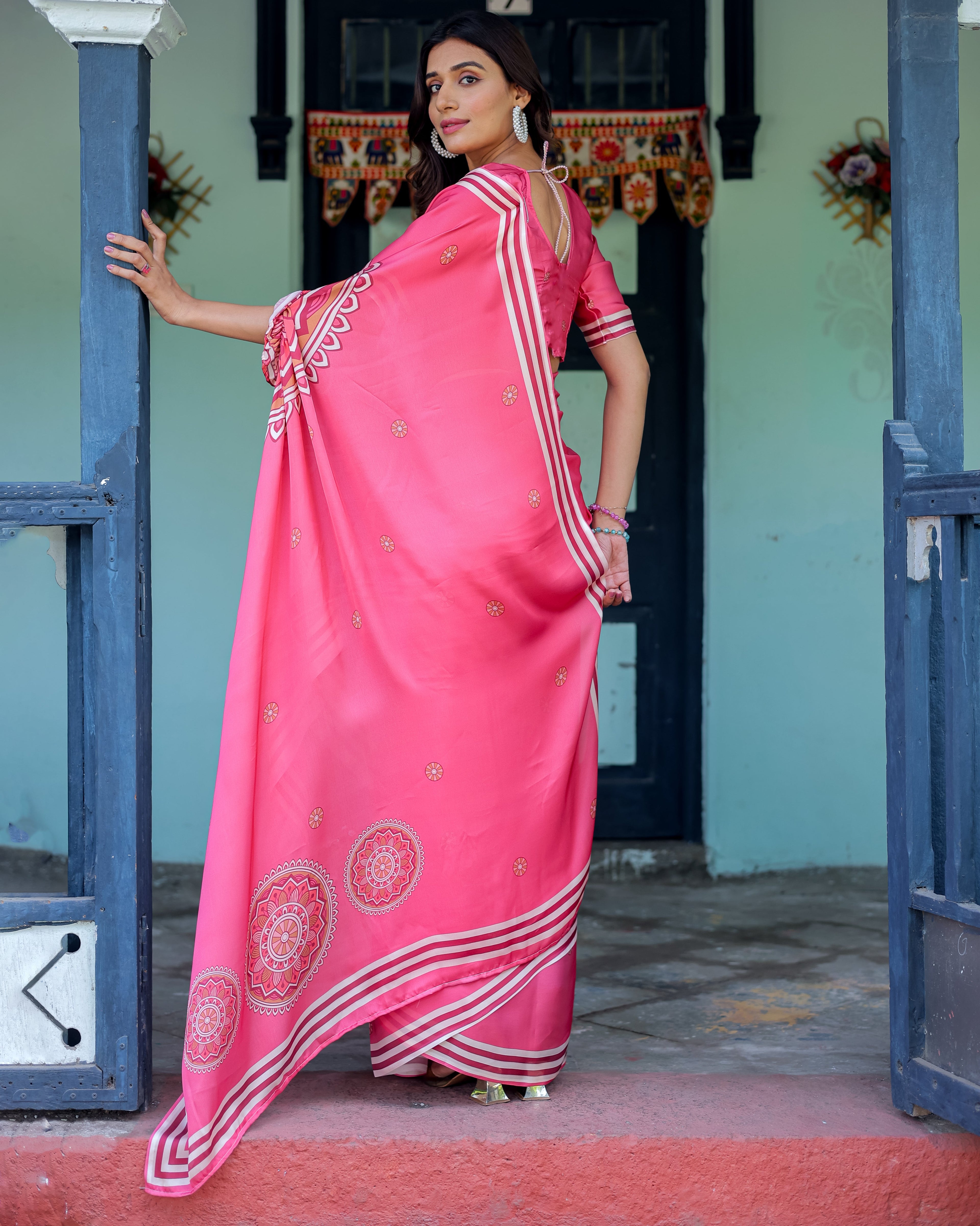 Bright Pink Designer Saree with White Striped Border & Mandala Art | Satin Georgette | Handsfree Pallu | Matching Blouse