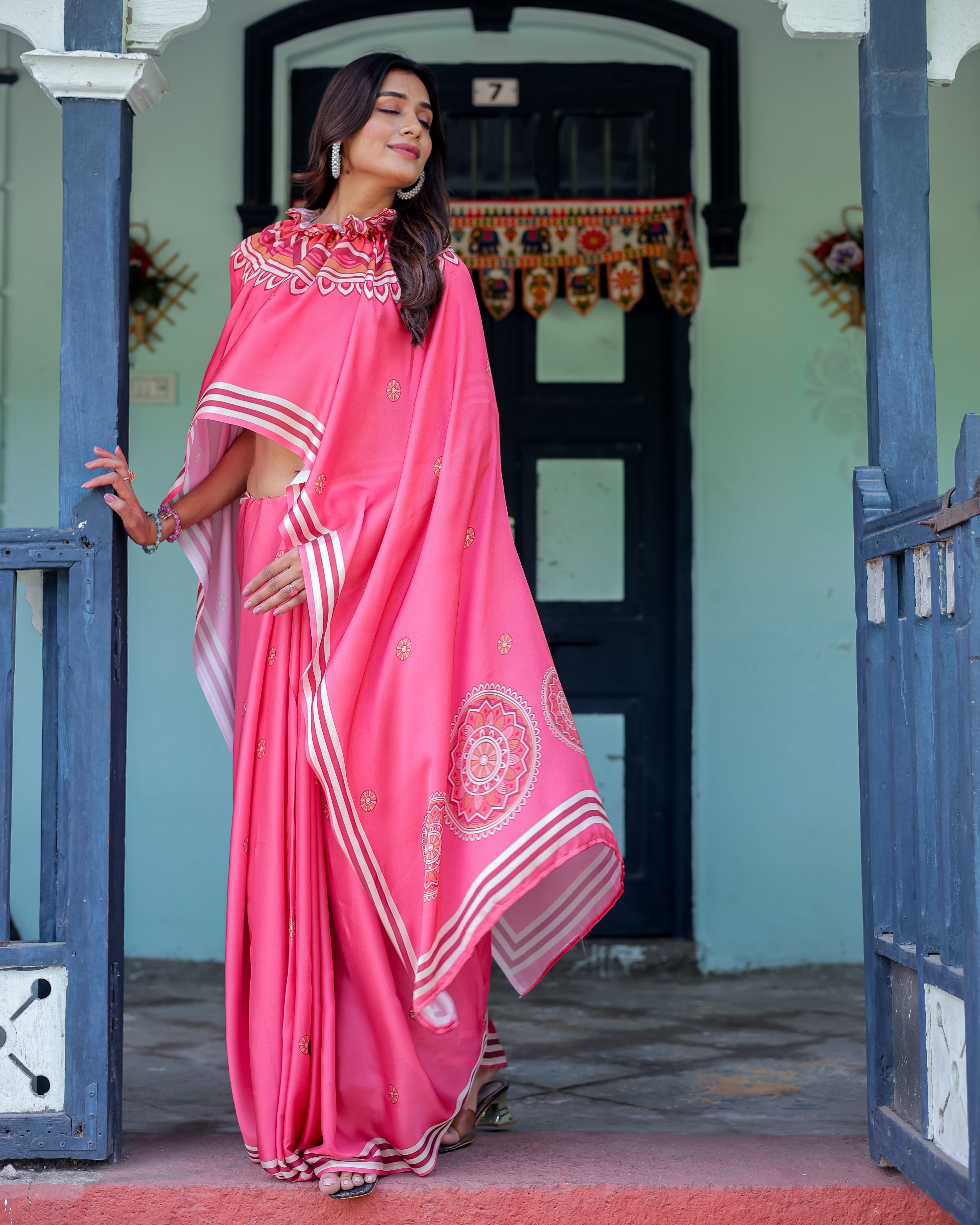 Bright Pink Designer Saree with White Striped Border & Mandala Art | Satin Georgette | Handsfree Pallu | Matching Blouse