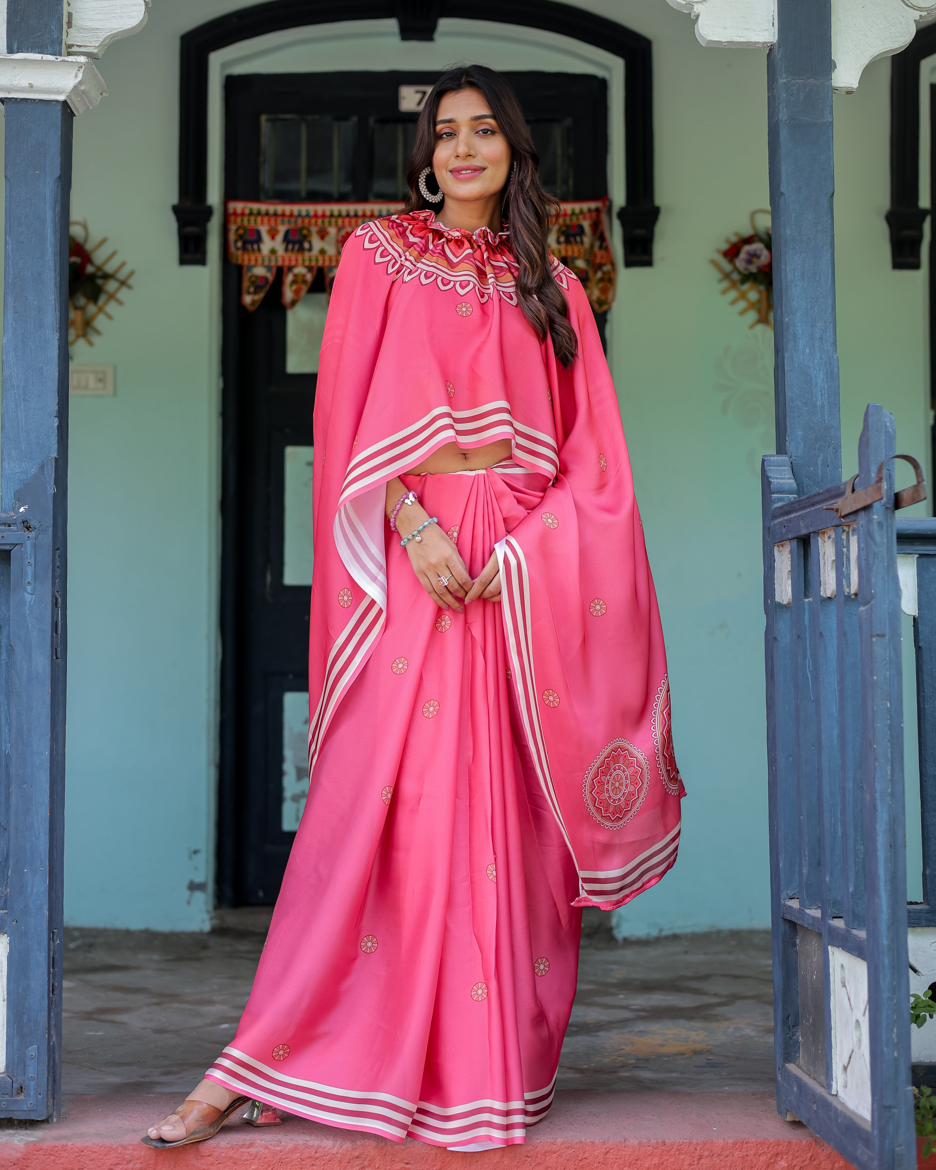 Bright Pink Designer Saree with White Striped Border & Mandala Art | Satin Georgette | Handsfree Pallu | Matching Blouse