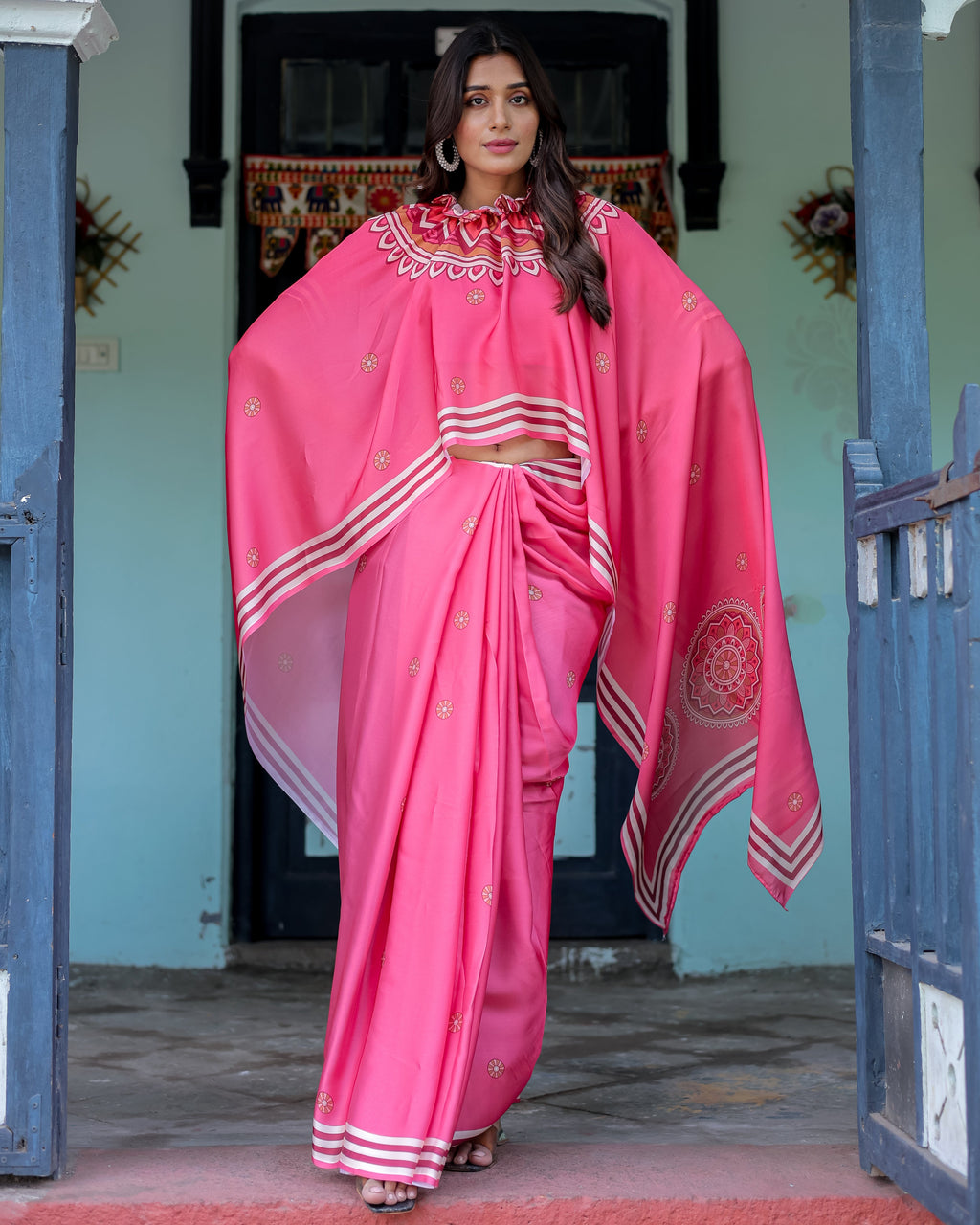 Bright Pink Designer Saree with White Striped Border & Mandala Art | Satin Georgette | Handsfree Pallu | Matching Blouse