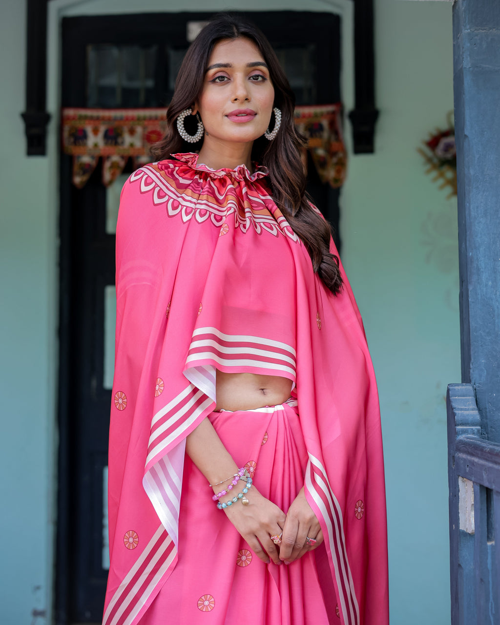 Bright Pink Designer Saree with White Striped Border & Mandala Art | Satin Georgette | Handsfree Pallu | Matching Blouse