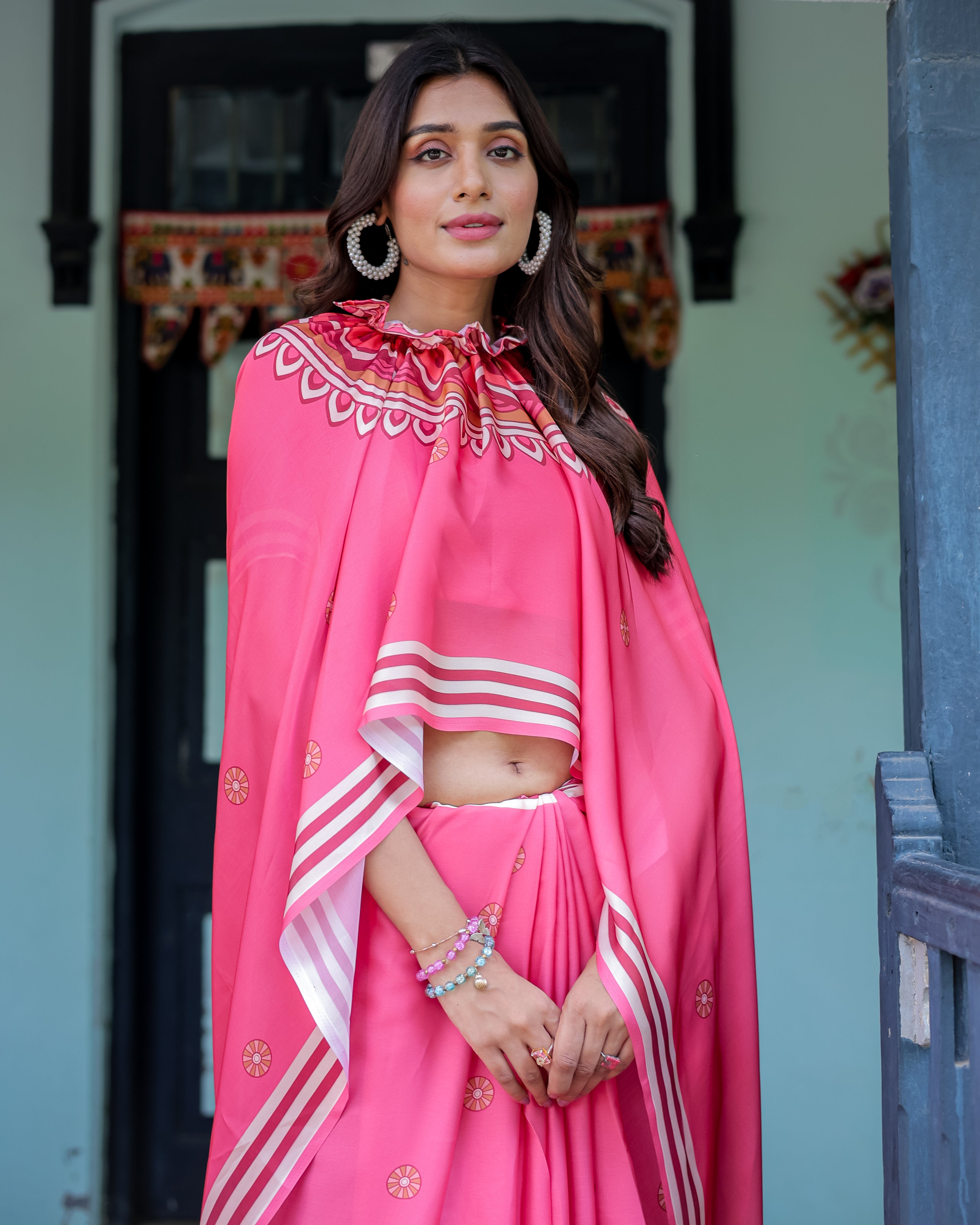 Bright Pink Designer Saree with White Striped Border & Mandala Art | Satin Georgette | Handsfree Pallu | Matching Blouse