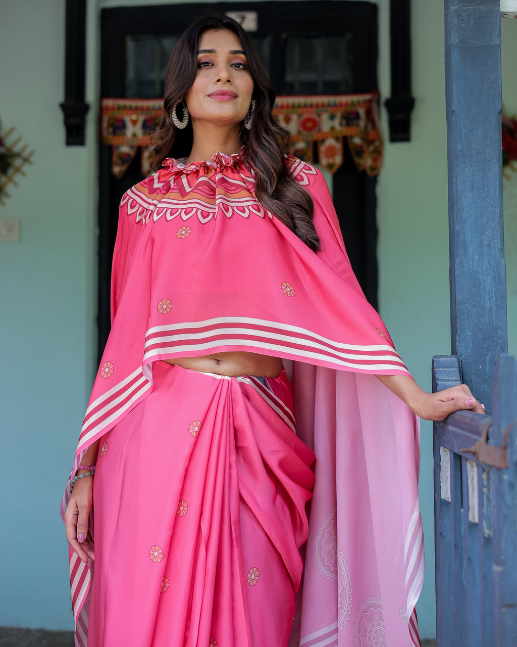 Bright Pink Designer Saree with White Striped Border & Mandala Art | Satin Georgette | Handsfree Pallu | Matching Blouse