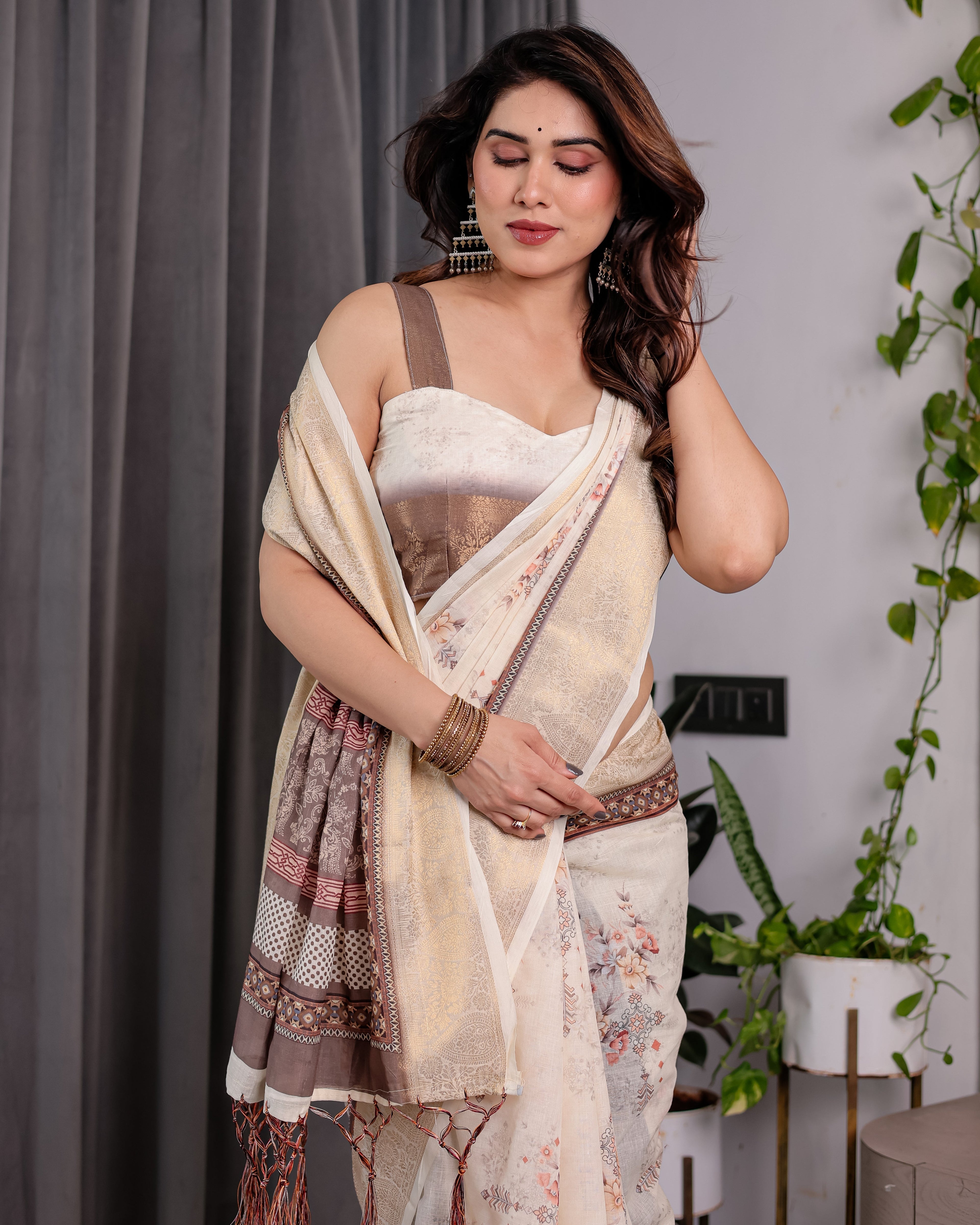 Ivory Beige Handloom Linen Saree with Rustic Floral Print & Brown Ornamental Pallu | Zari Borders & Tassels | 5.5m Saree + 0.8m Blouse
