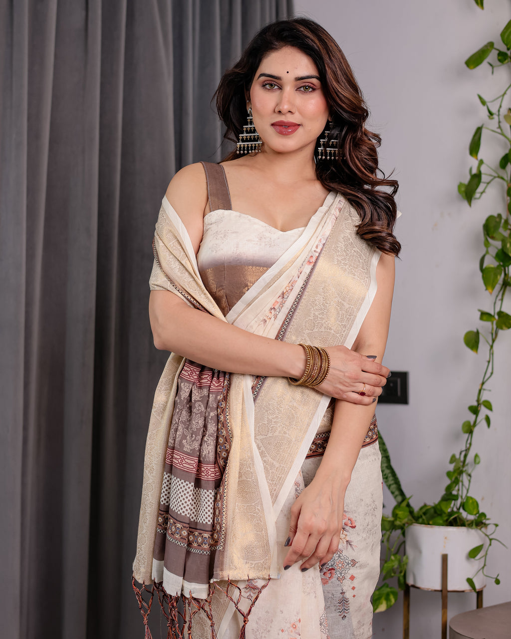 Ivory Beige Handloom Linen Saree with Rustic Floral Print & Brown Ornamental Pallu | Zari Borders & Tassels | 5.5m Saree + 0.8m Blouse