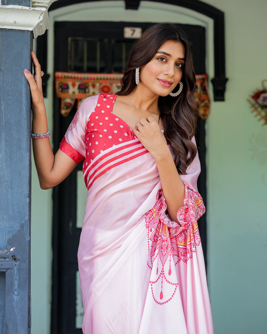 Baby Pink Designer Saree with Mandala Pallu & Polka Dot Blouse | Satin Georgette | Handsfree Pallu Feature