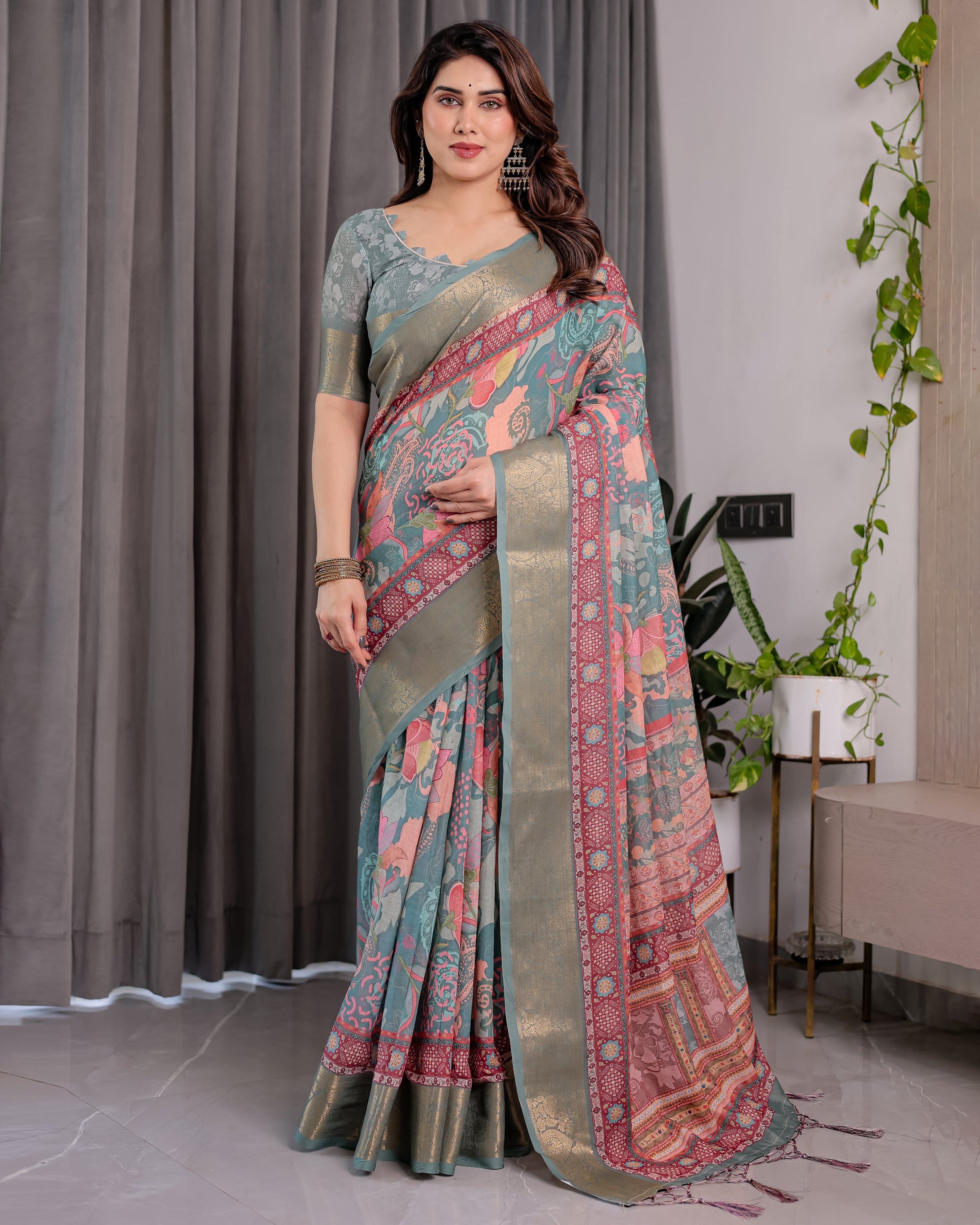 Sage Green Handloom Linen Saree with Multicolor Mythical Elephant & Floral Printed Pallu | Zari Border | 5.5m Saree + 0.8m Blouse | Festive Tassel Finish