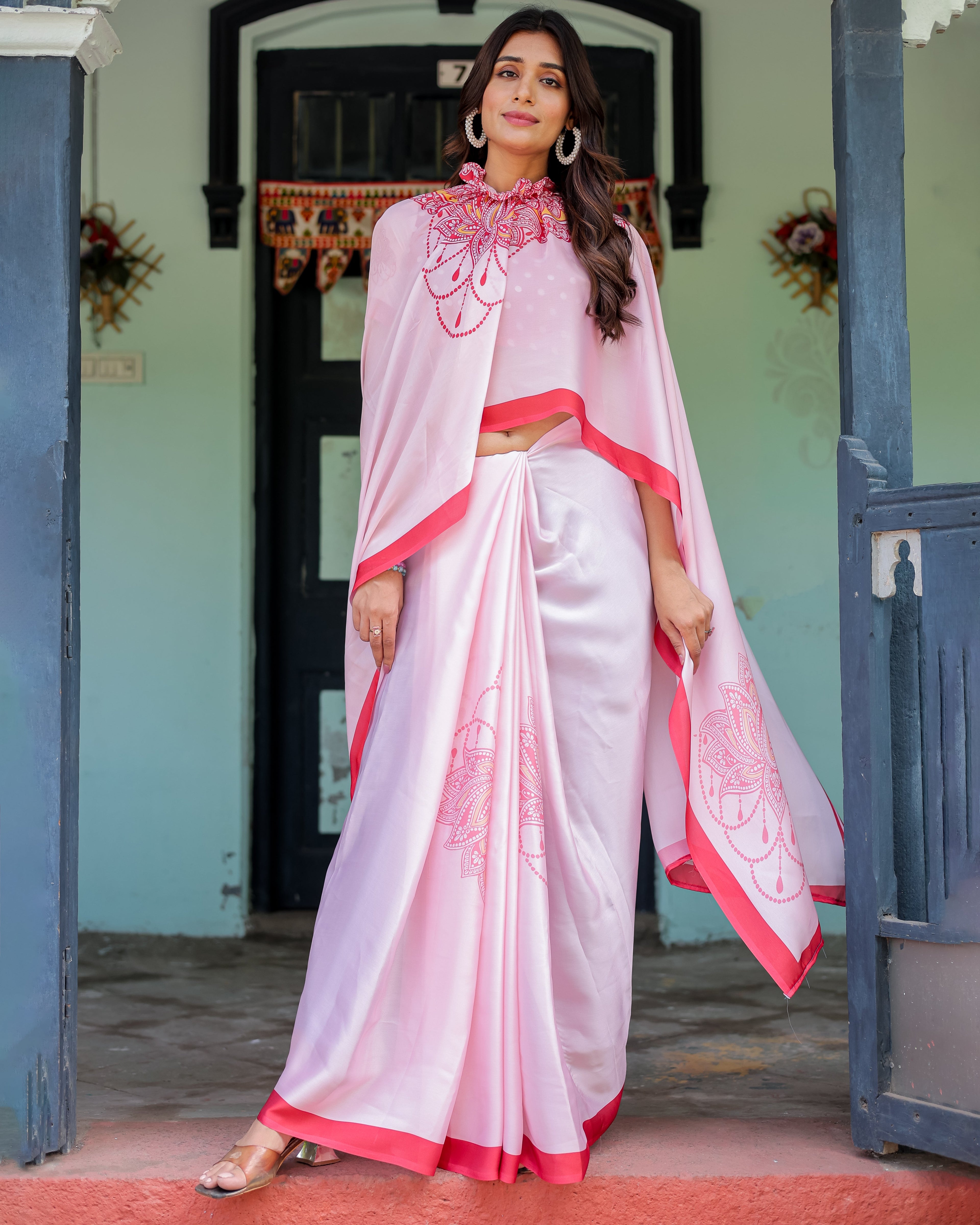 Baby Pink Designer Saree with Mandala Pallu & Polka Dot Blouse | Satin Georgette | Handsfree Pallu Feature