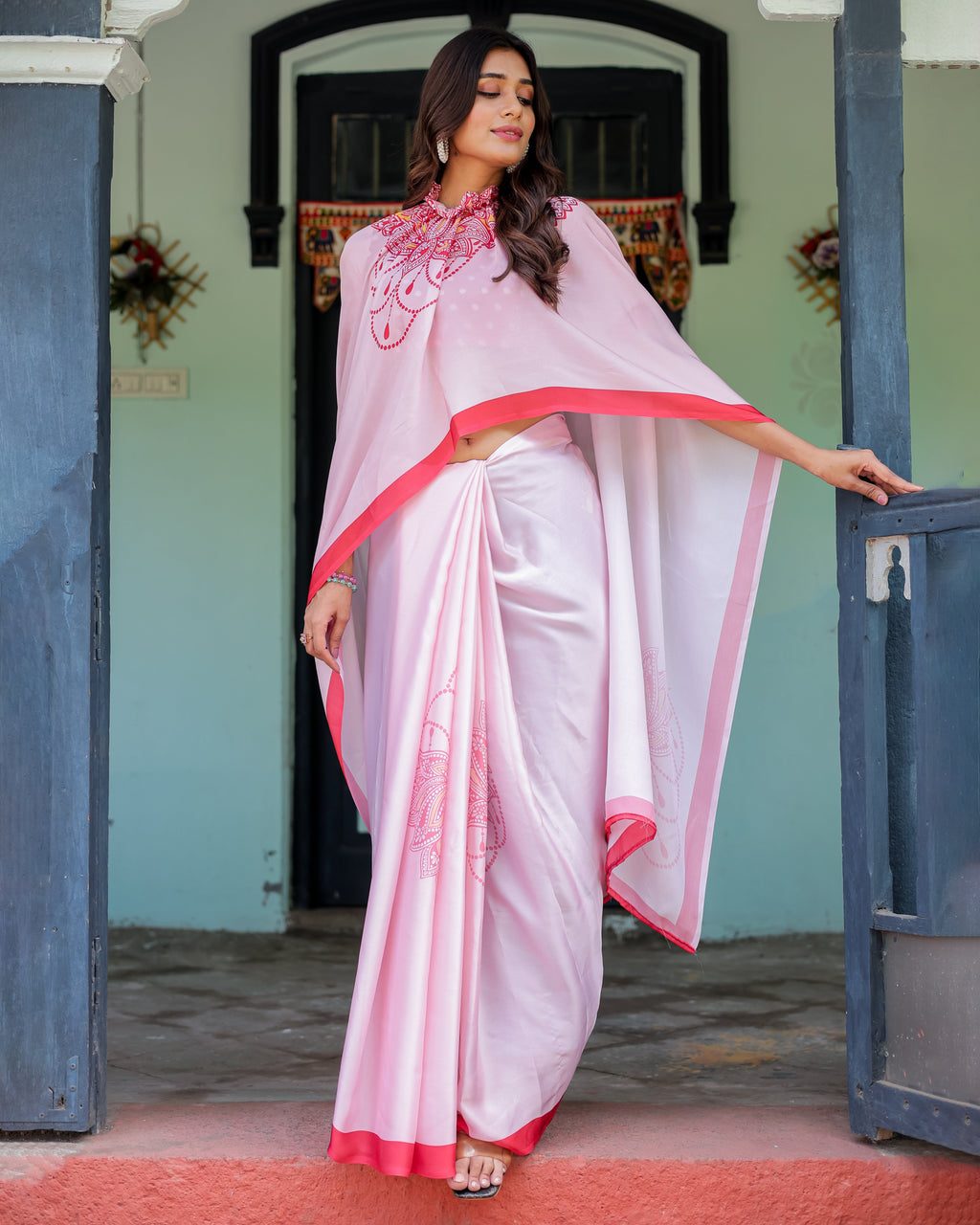 Baby Pink Designer Saree with Mandala Pallu & Polka Dot Blouse | Satin Georgette | Handsfree Pallu Feature