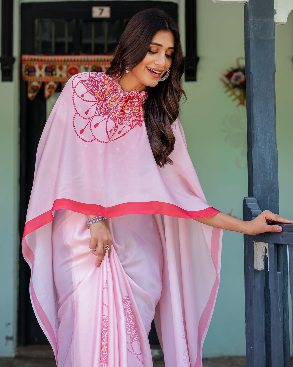 Baby Pink Designer Saree with Mandala Pallu & Polka Dot Blouse | Satin Georgette | Handsfree Pallu Feature