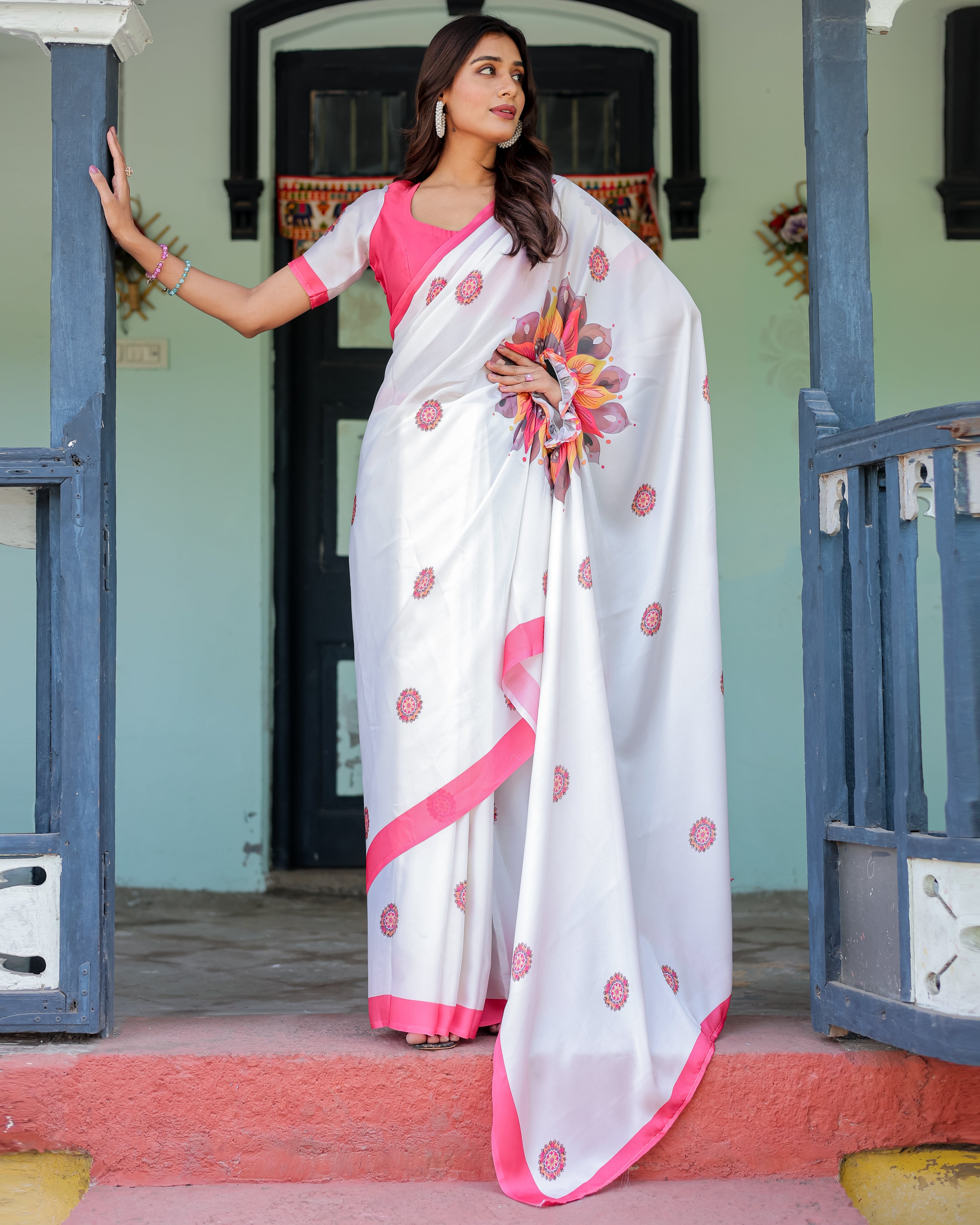 White Satin Georgette Designer Saree with Pink Mandala Prints & Floral Pallu | Handsfree Pallu Loop | Contrast Pink Blouse