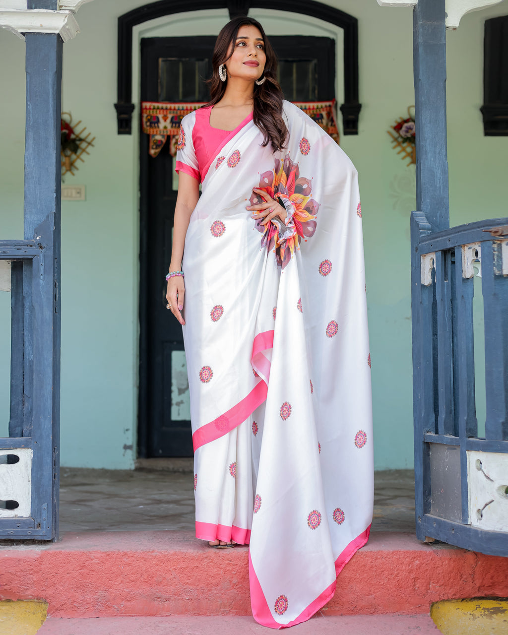 White Satin Georgette Designer Saree with Pink Mandala Prints & Floral Pallu | Handsfree Pallu Loop | Contrast Pink Blouse