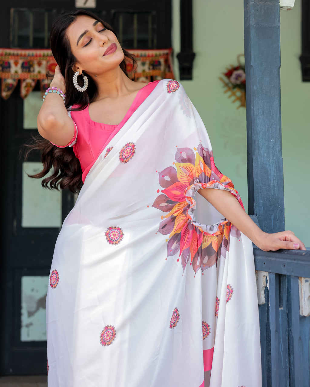 White Satin Georgette Designer Saree with Pink Mandala Prints & Floral Pallu | Handsfree Pallu Loop | Contrast Pink Blouse