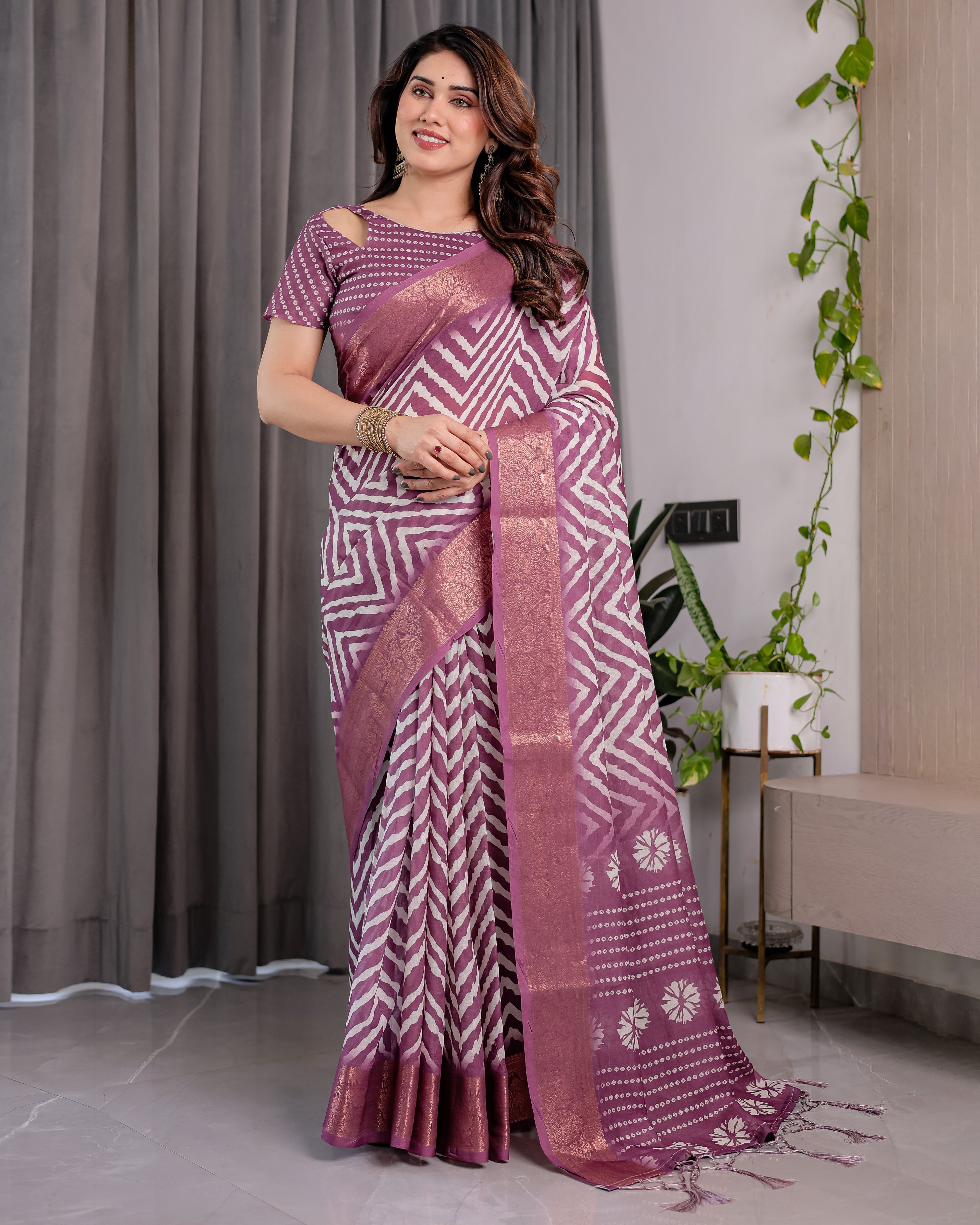 Plum Purple Handloom Linen Saree with Zigzag & Floral Motifs | Zari Border & Tassels | 5.5m Saree + 0.8m Blouse Piece