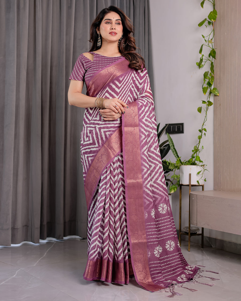 Plum Purple Handloom Linen Saree with Zigzag & Floral Motifs | Zari Border & Tassels | 5.5m Saree + 0.8m Blouse Piece