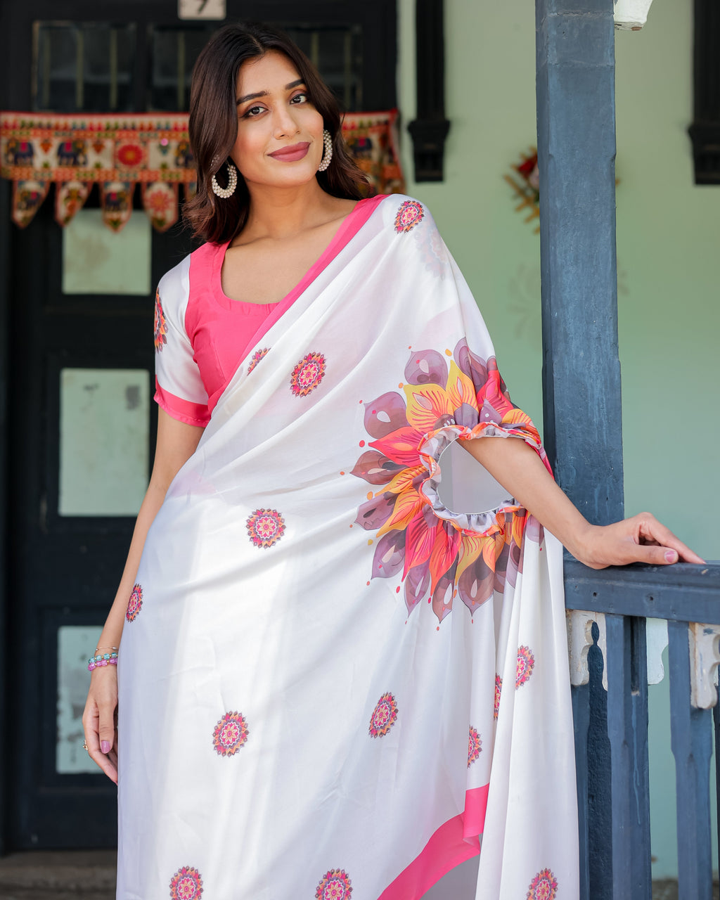 White Satin Georgette Designer Saree with Pink Mandala Prints & Floral Pallu | Handsfree Pallu Loop | Contrast Pink Blouse
