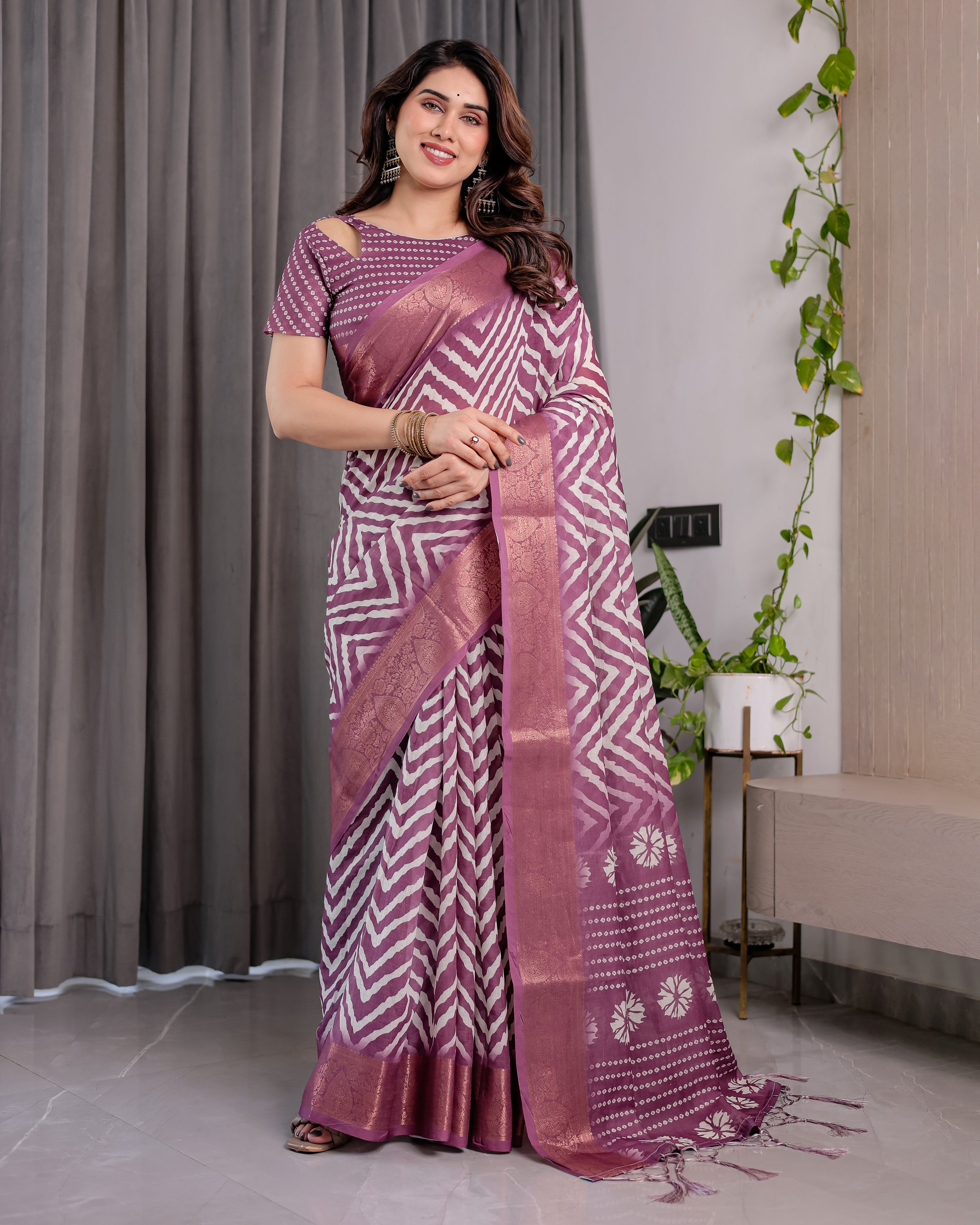 Plum Purple Handloom Linen Saree with Zigzag & Floral Motifs | Zari Border & Tassels | 5.5m Saree + 0.8m Blouse Piece