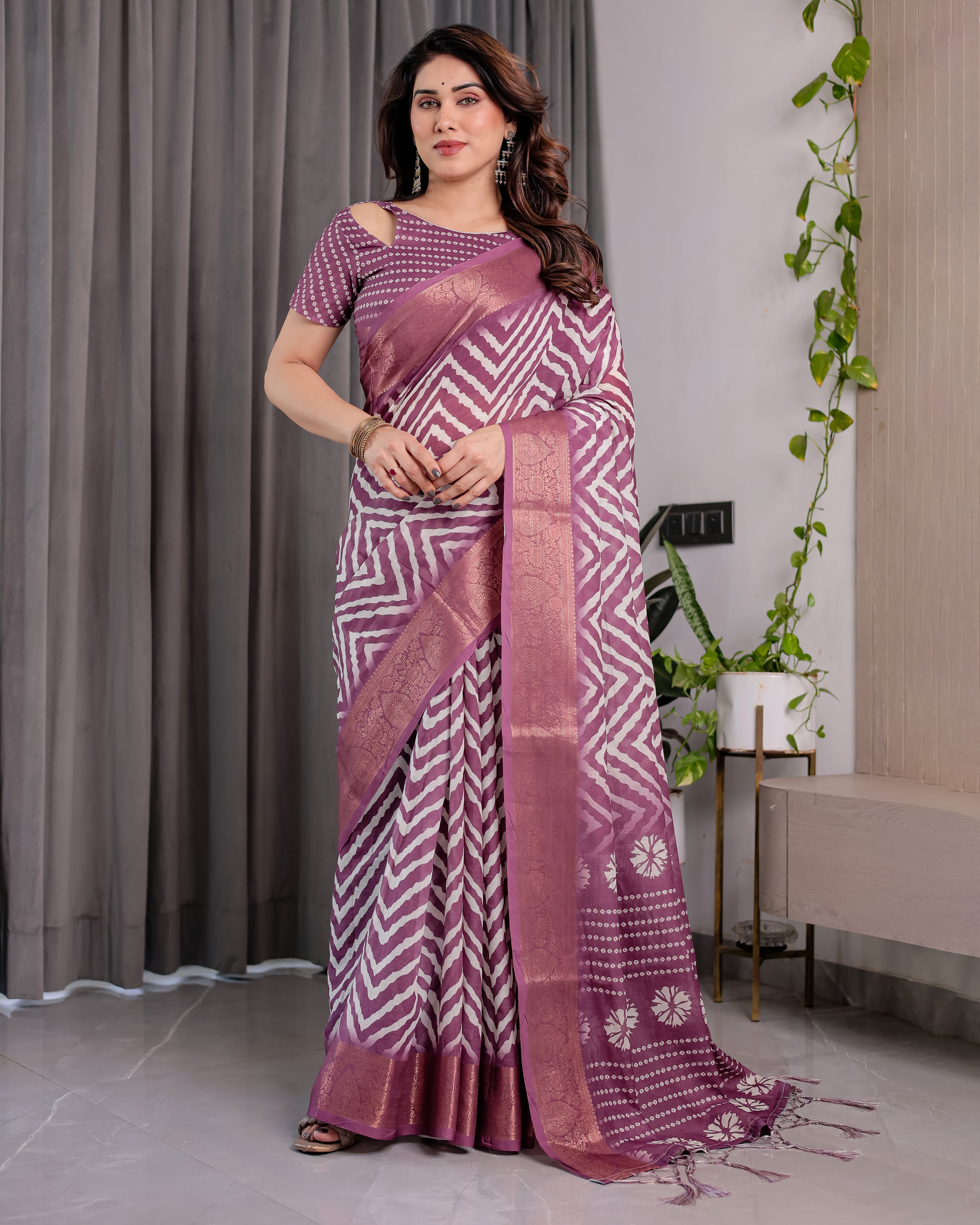 Plum Purple Handloom Linen Saree with Zigzag & Floral Motifs | Zari Border & Tassels | 5.5m Saree + 0.8m Blouse Piece
