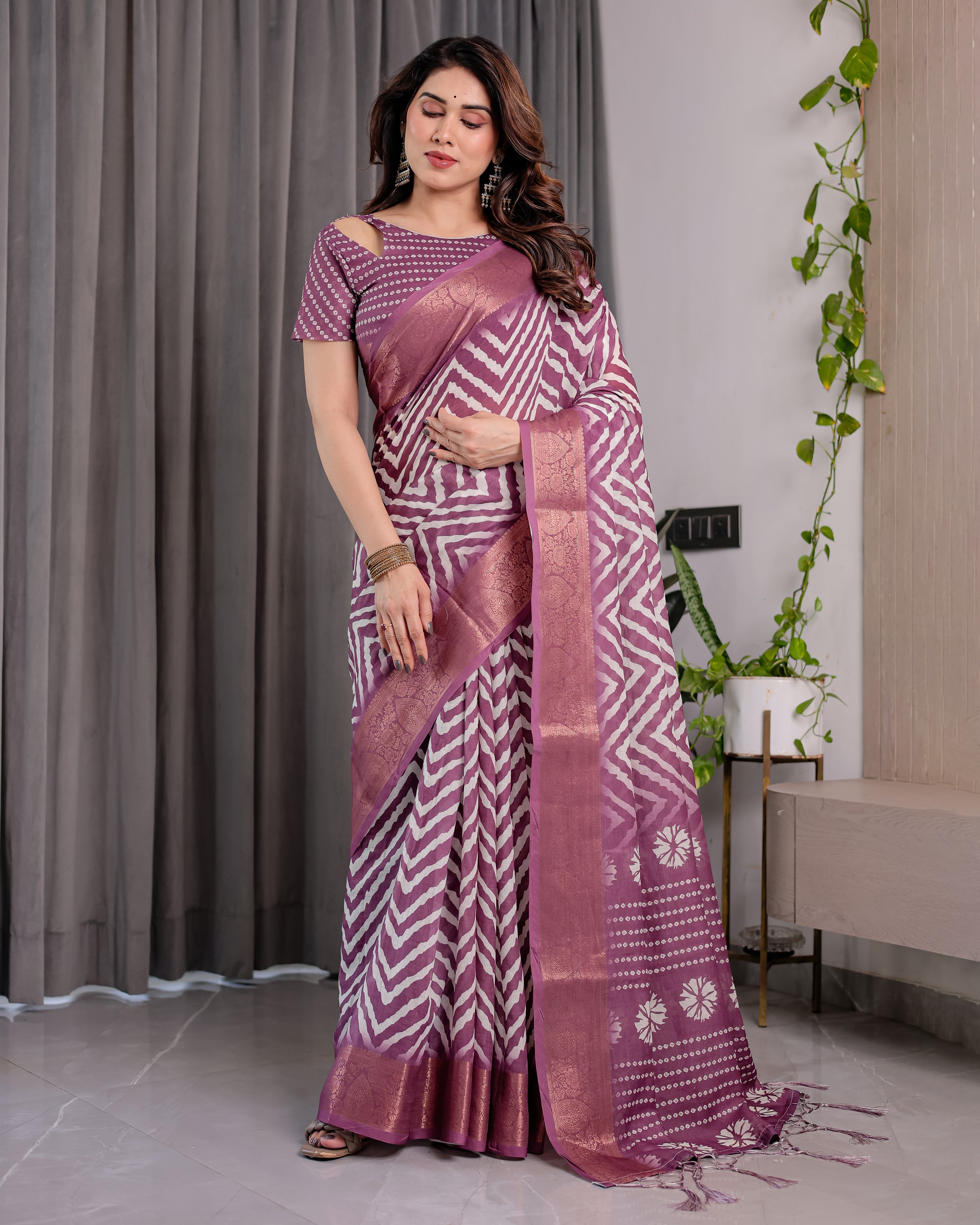 Plum Purple Handloom Linen Saree with Zigzag & Floral Motifs | Zari Border & Tassels | 5.5m Saree + 0.8m Blouse Piece