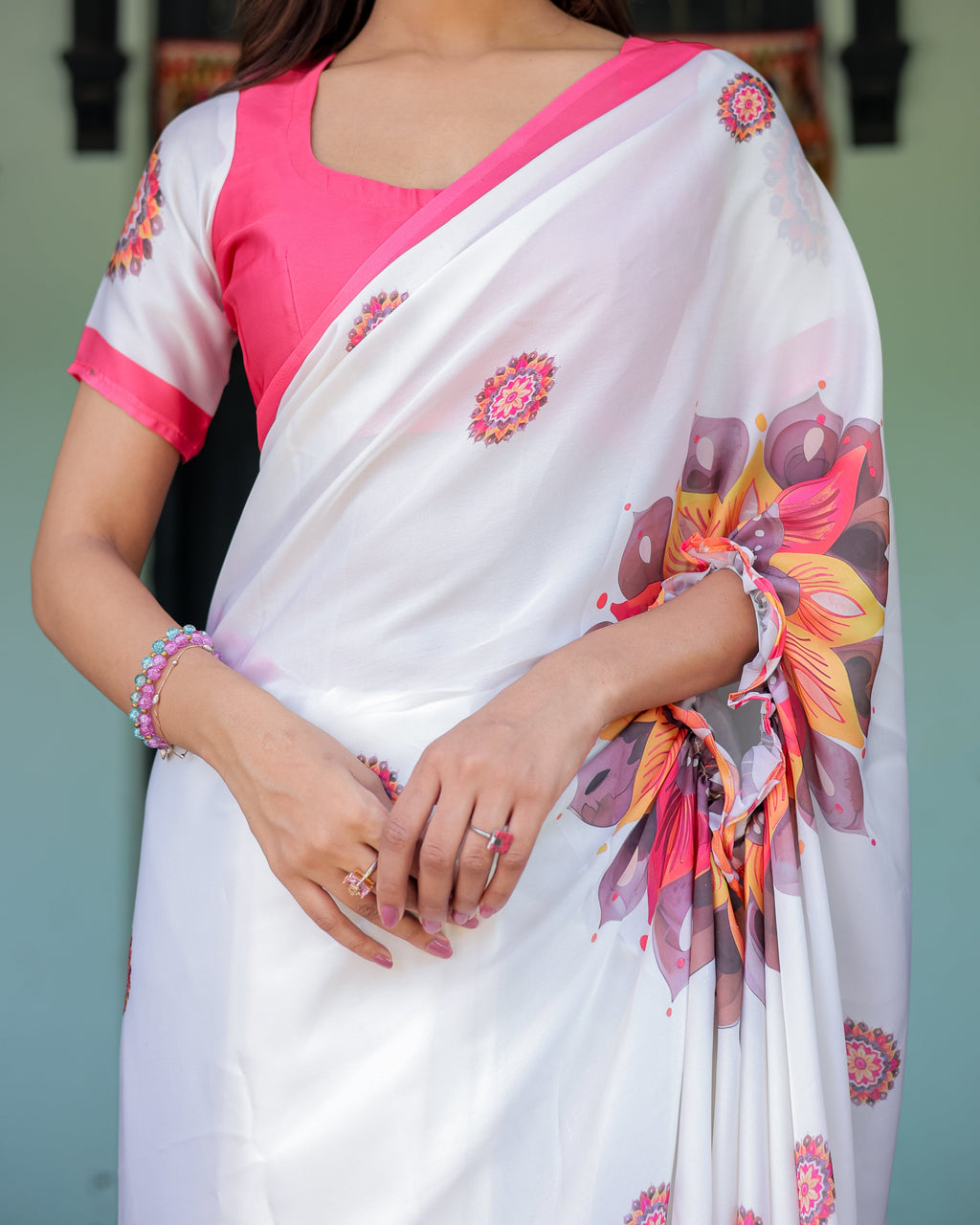 White Satin Georgette Designer Saree with Pink Mandala Prints & Floral Pallu | Handsfree Pallu Loop | Contrast Pink Blouse