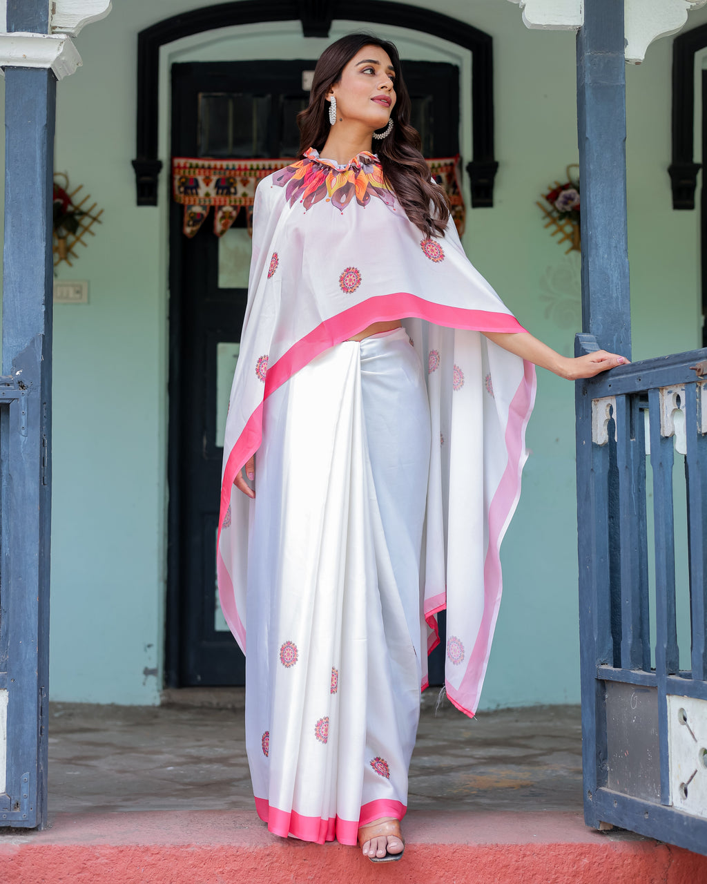 White Satin Georgette Designer Saree with Pink Mandala Prints & Floral Pallu | Handsfree Pallu Loop | Contrast Pink Blouse