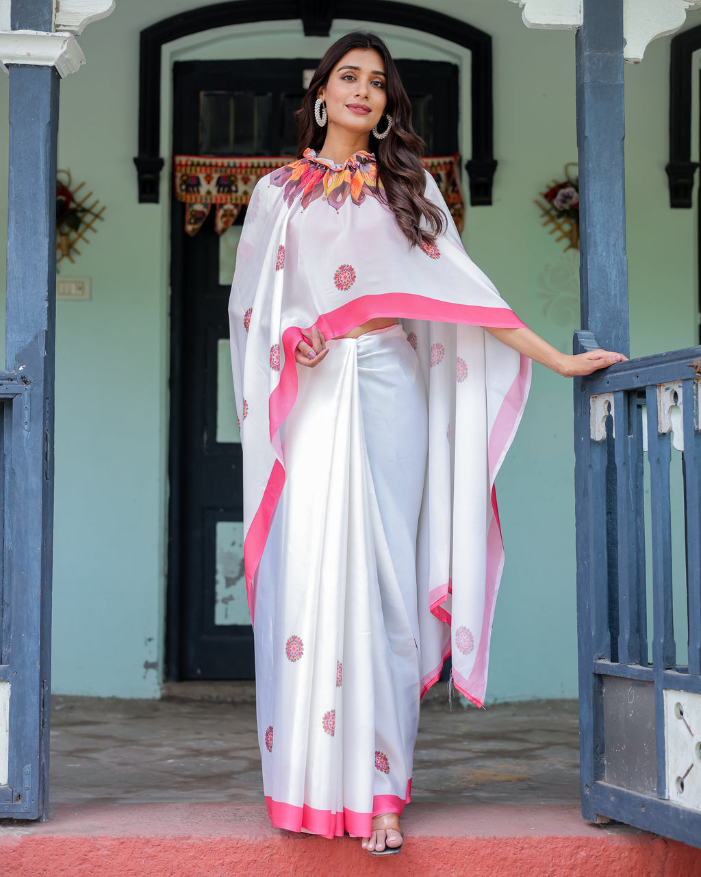White Satin Georgette Designer Saree with Pink Mandala Prints & Floral Pallu | Handsfree Pallu Loop | Contrast Pink Blouse