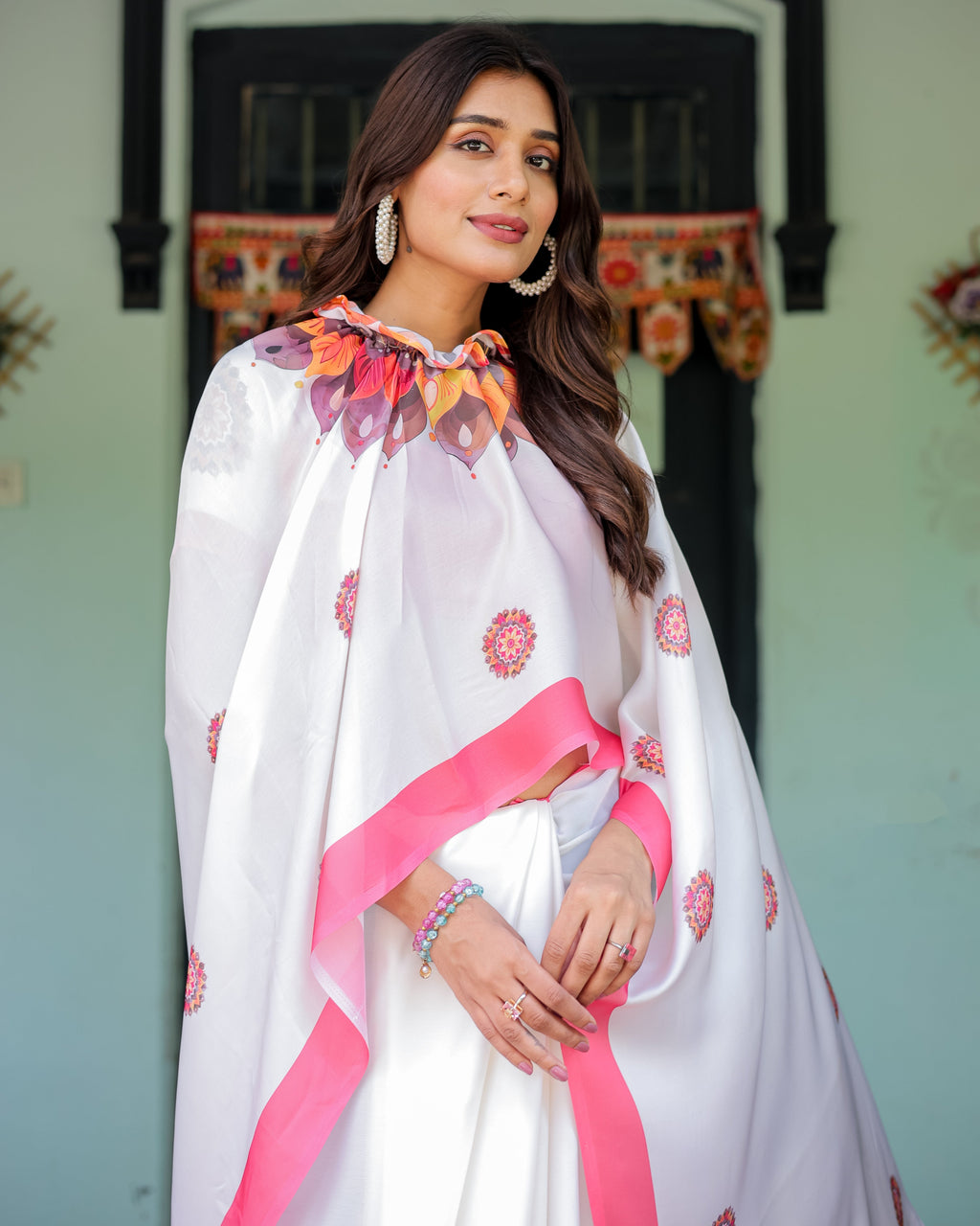 White Satin Georgette Designer Saree with Pink Mandala Prints & Floral Pallu | Handsfree Pallu Loop | Contrast Pink Blouse