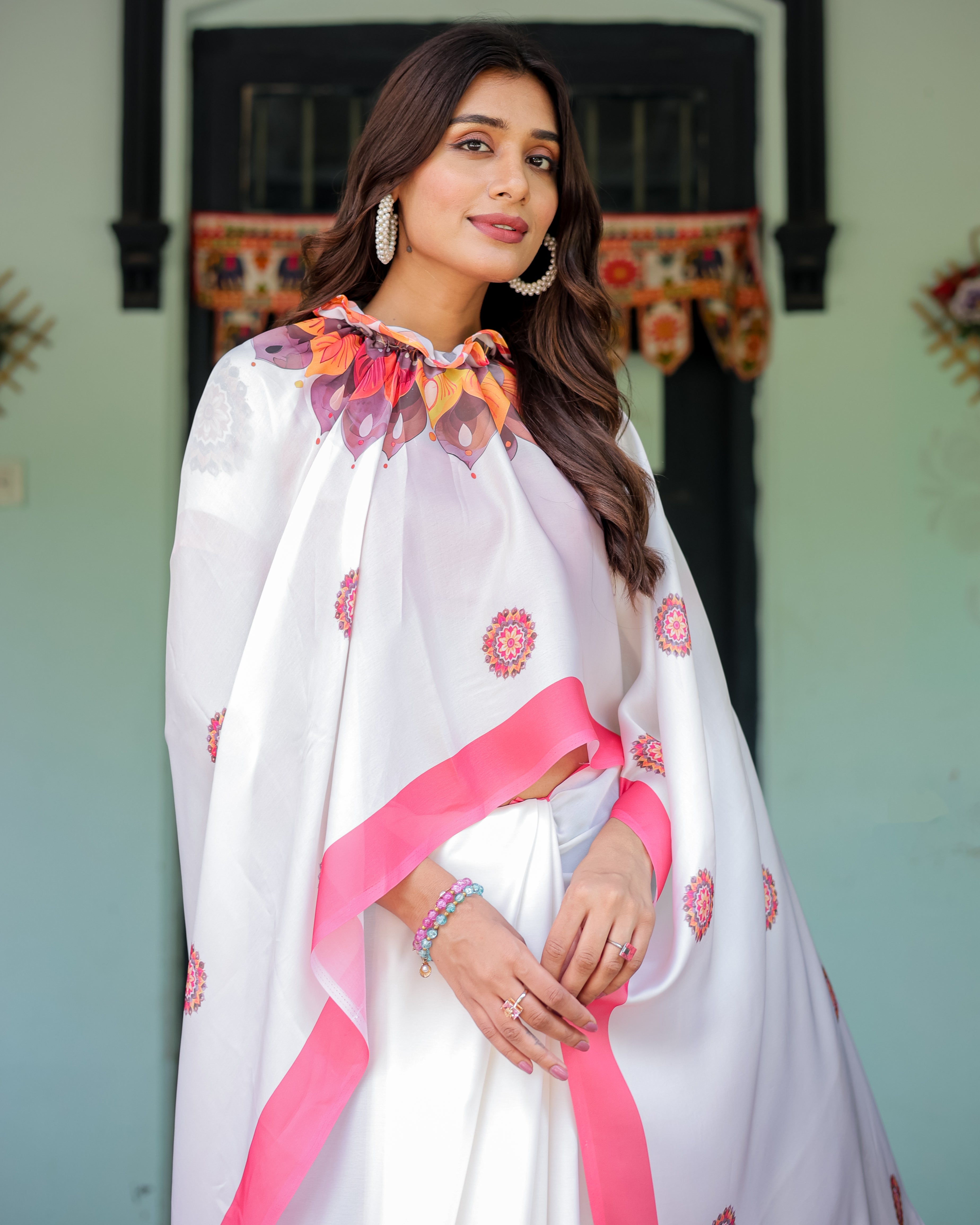 White Satin Georgette Designer Saree with Pink Mandala Prints & Floral Pallu | Handsfree Pallu Loop | Contrast Pink Blouse