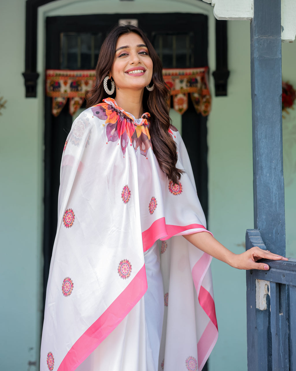 White Satin Georgette Designer Saree with Pink Mandala Prints & Floral Pallu | Handsfree Pallu Loop | Contrast Pink Blouse