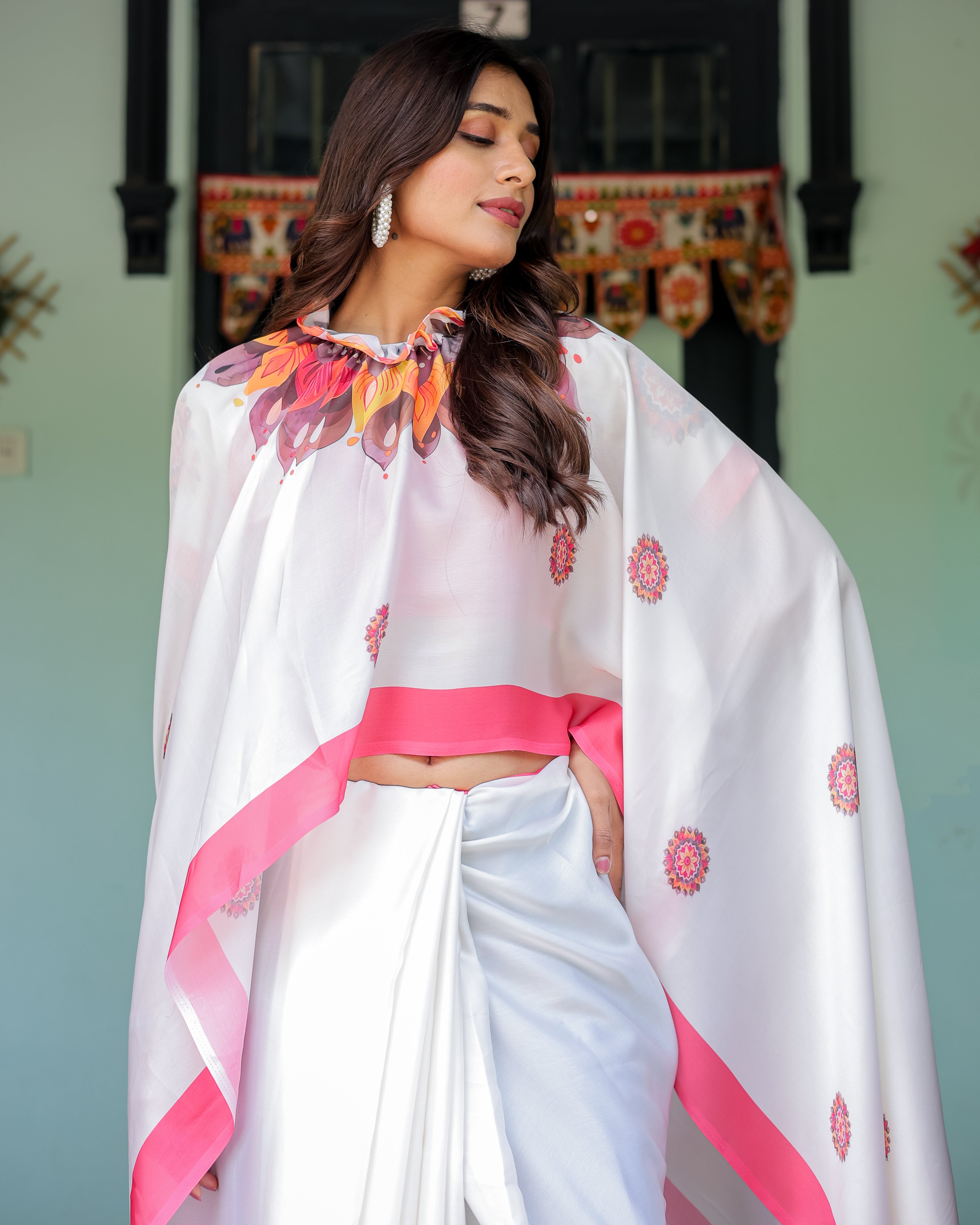 White Satin Georgette Designer Saree with Pink Mandala Prints & Floral Pallu | Handsfree Pallu Loop | Contrast Pink Blouse