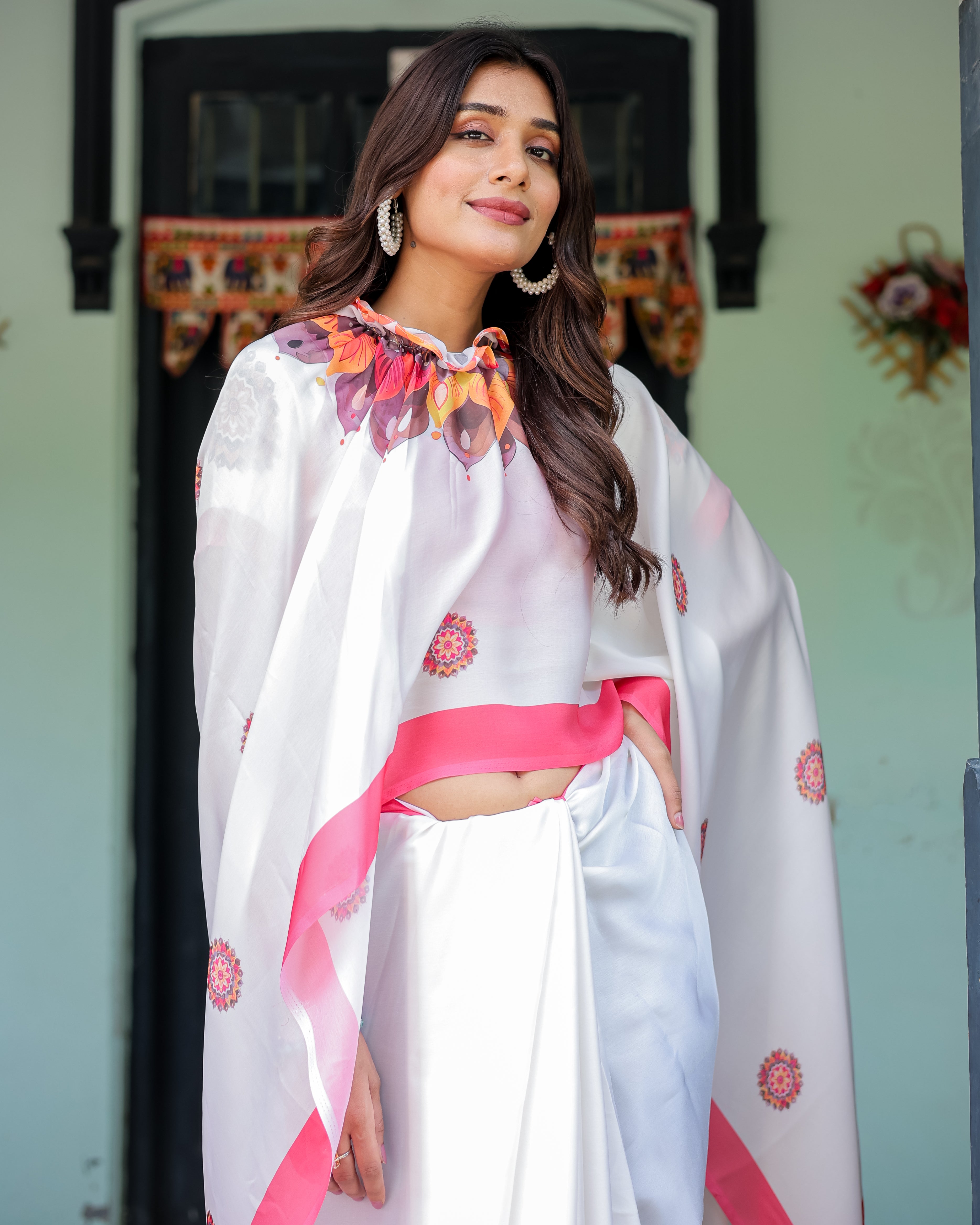 White Satin Georgette Designer Saree with Pink Mandala Prints & Floral Pallu | Handsfree Pallu Loop | Contrast Pink Blouse