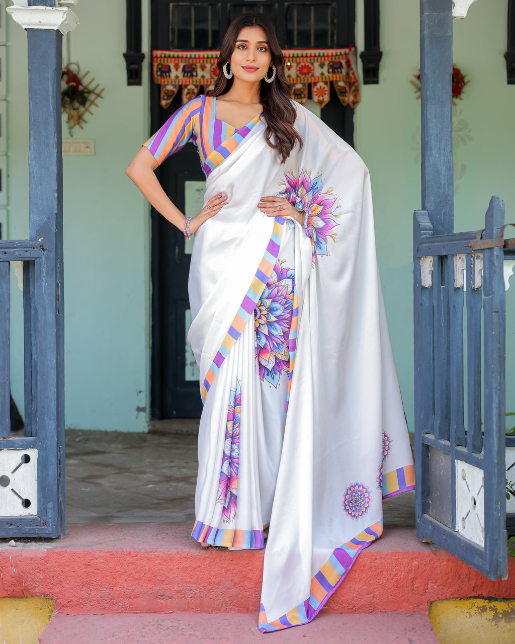 White Satin Georgette Designer Saree with Lotus Mandala Prints & Multicolor Striped Blouse | Handsfree Pallu Loop