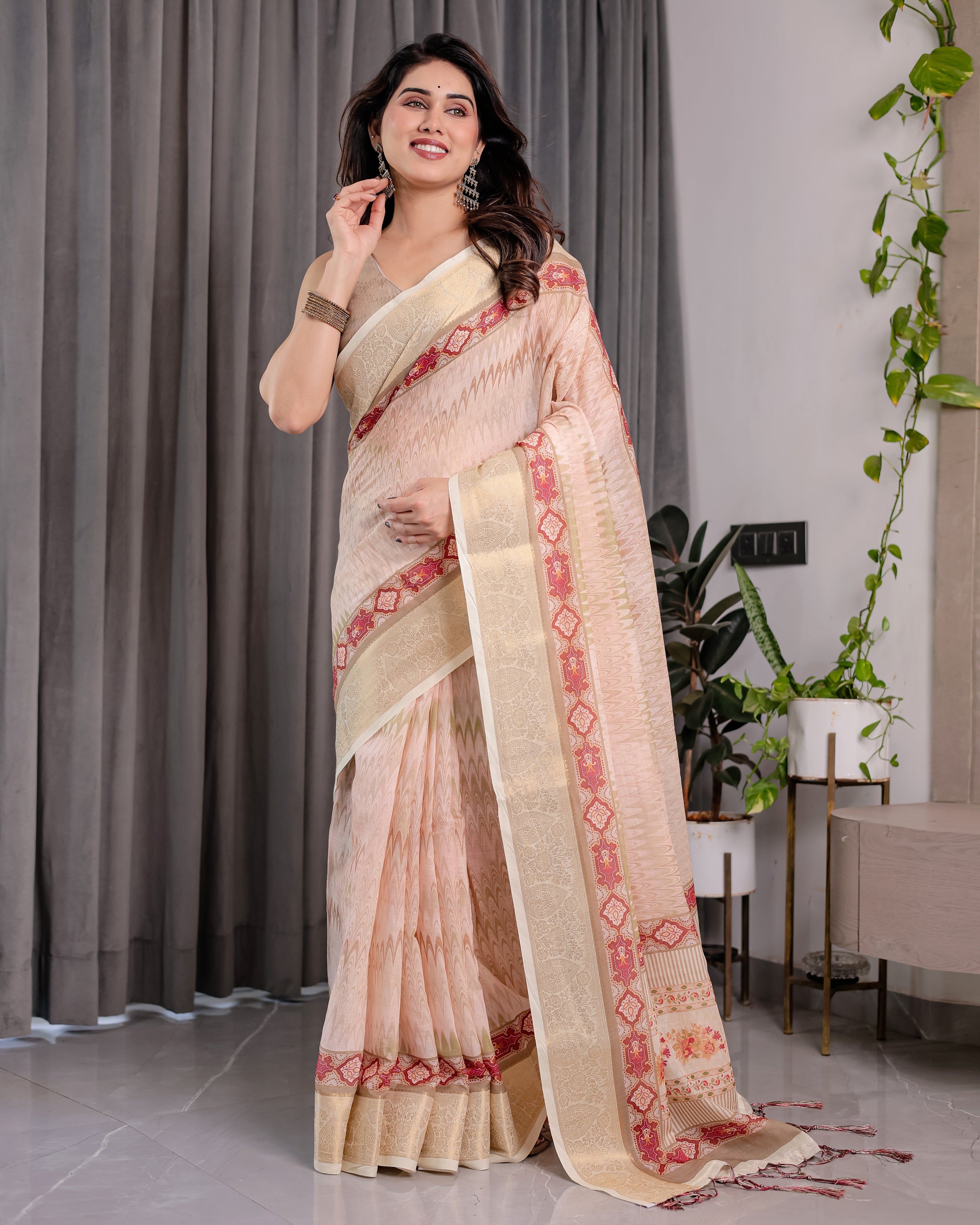 Blush Beige Handloom Linen Saree with Zigzag Weave & Floral Pallu | Zari Border & Tassels | 5.5m Saree + 0.8m Blouse
