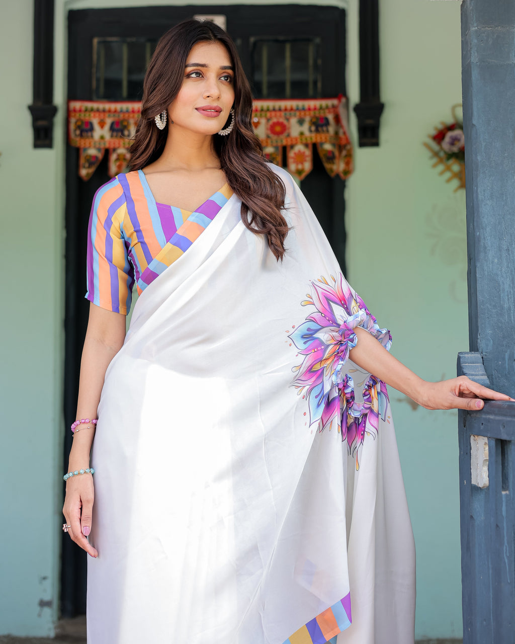 White Satin Georgette Designer Saree with Lotus Mandala Prints & Multicolor Striped Blouse | Handsfree Pallu Loop