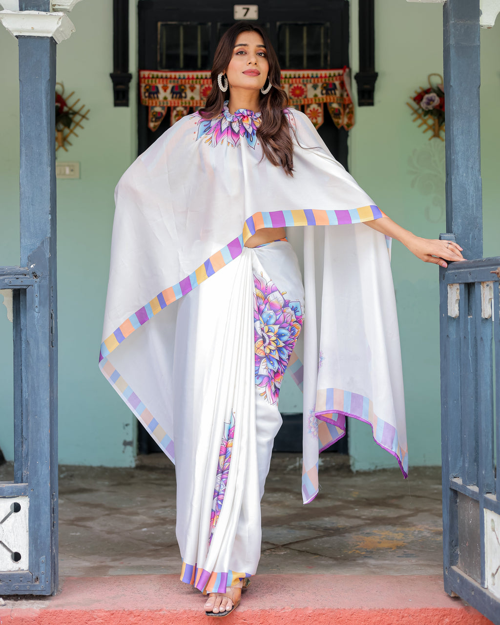 White Satin Georgette Designer Saree with Lotus Mandala Prints & Multicolor Striped Blouse | Handsfree Pallu Loop