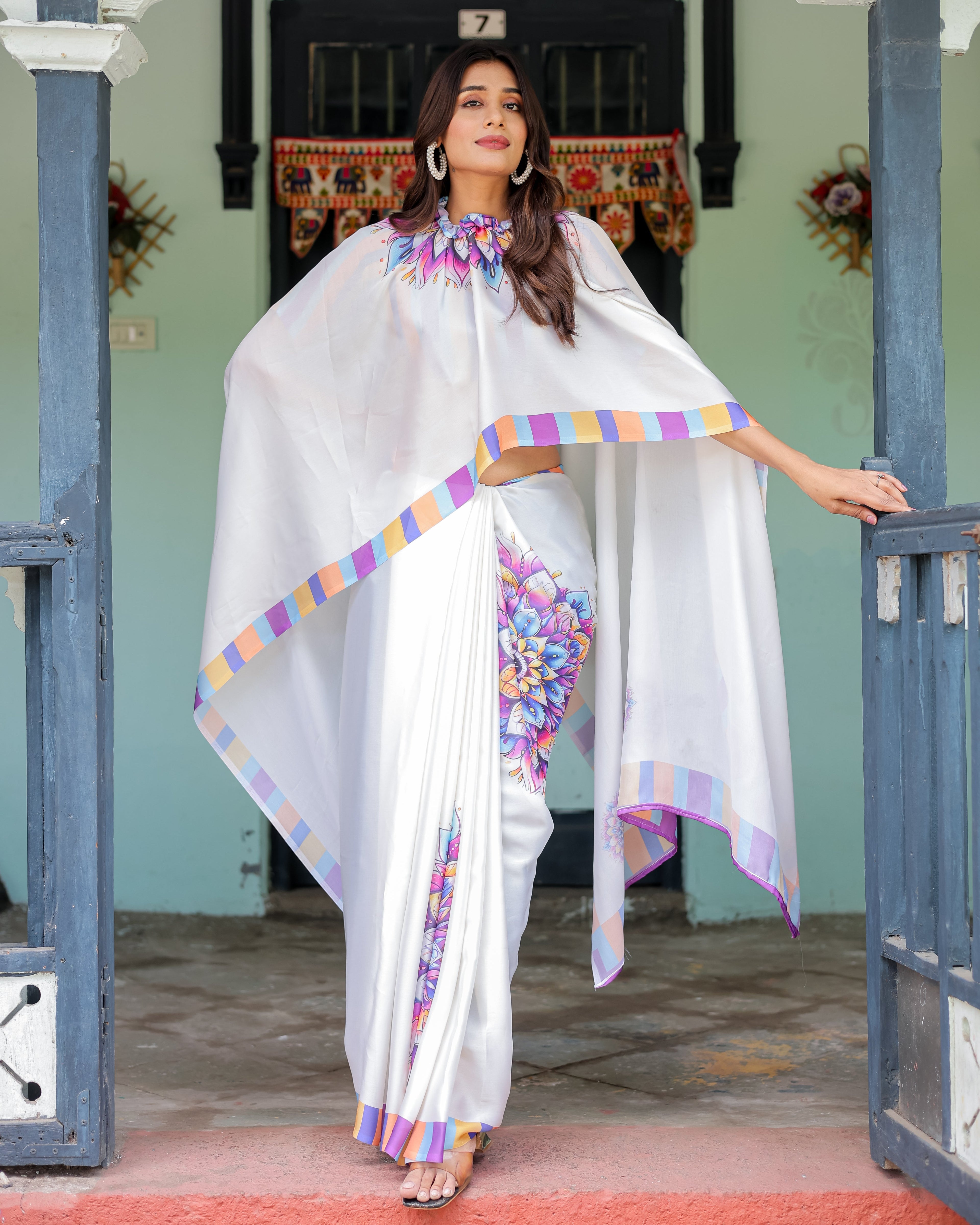 White Satin Georgette Designer Saree with Lotus Mandala Prints & Multicolor Striped Blouse | Handsfree Pallu Loop